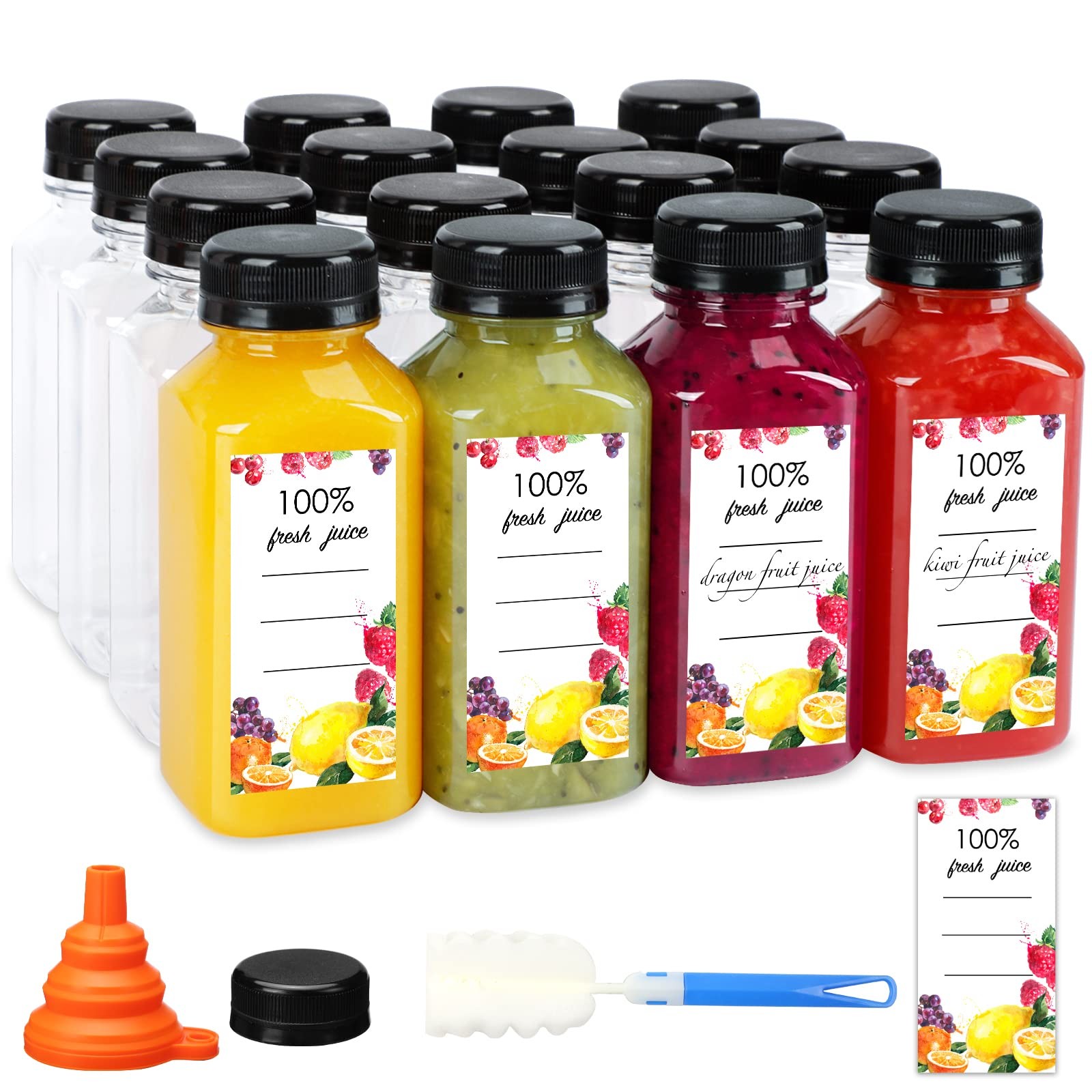 Moretoes 50pcs 8oz Juice Bottles, Plastic Bottles with Caps, Bulk Clear Beverage