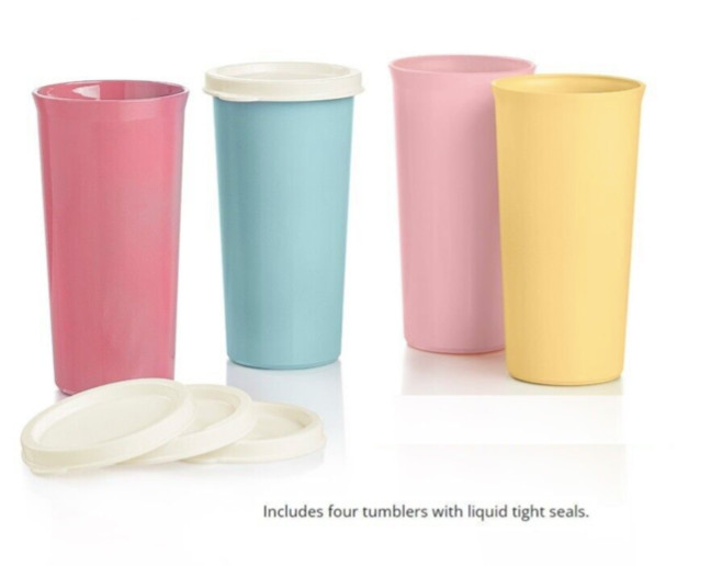 Tupperware Tumblers Set of 4 Pastel Yellow Pink Blue w/ White Seals 16 oz. New