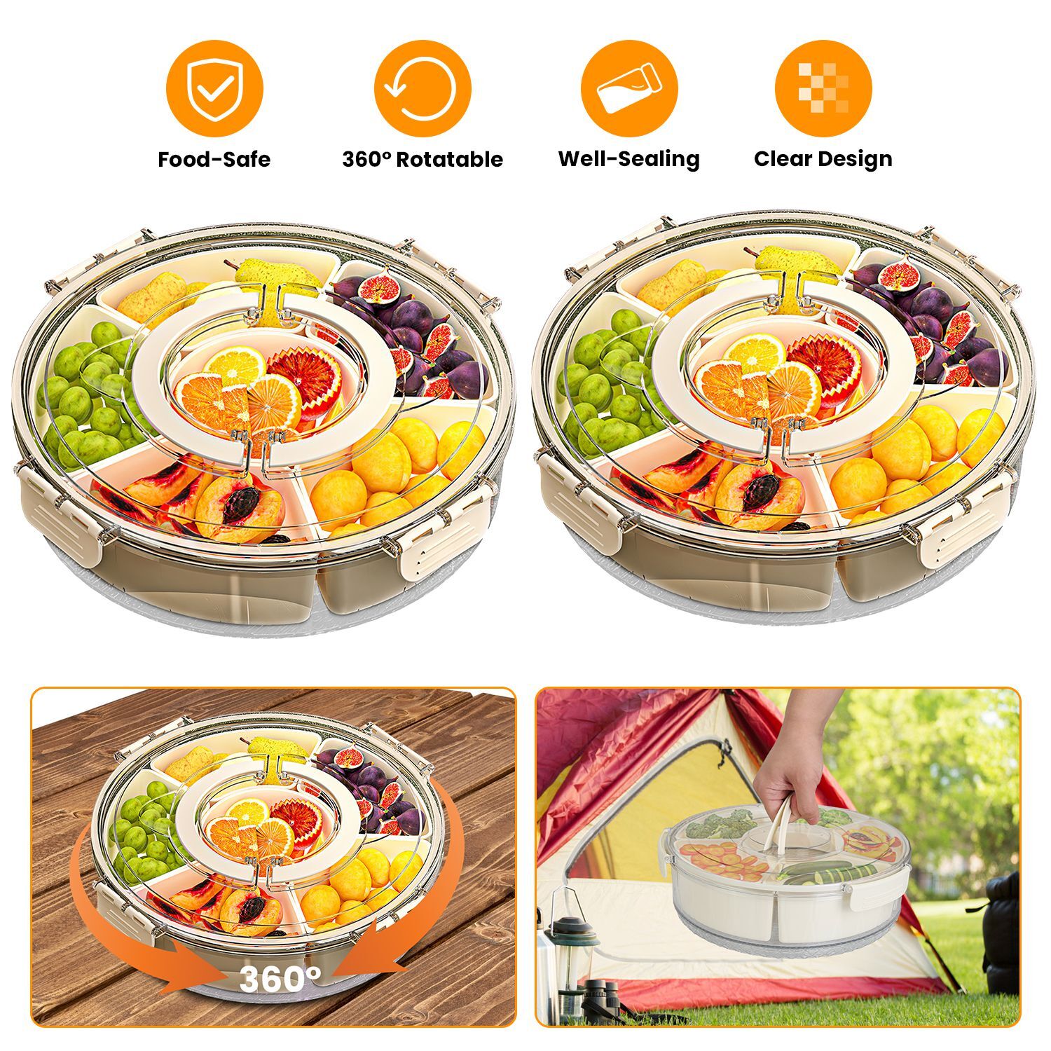 2pcs Divided Serving Tray with Sealed Lid 360° Rotatable Base Snack Container
