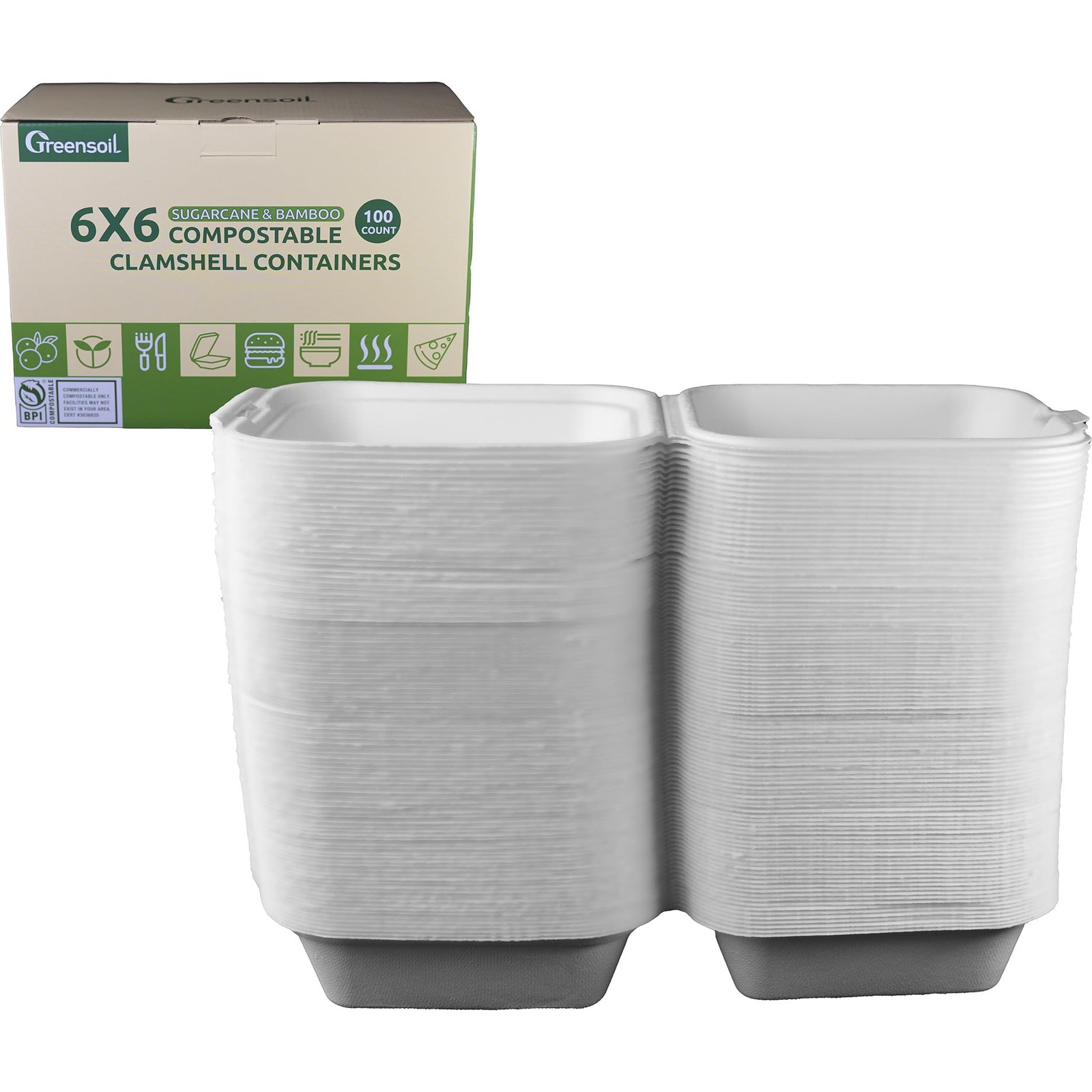 100 Pack 6×6 Compostable To Go Containers 1-Compartment Clamshell Take Out Box