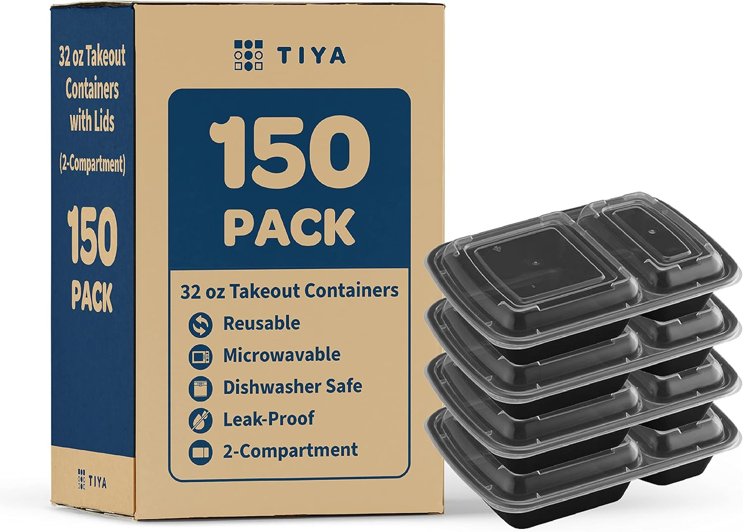 TIYA Food Containers – 32 Oz Bulk 150 Pack with Lids – Plastic Compartment To-Go