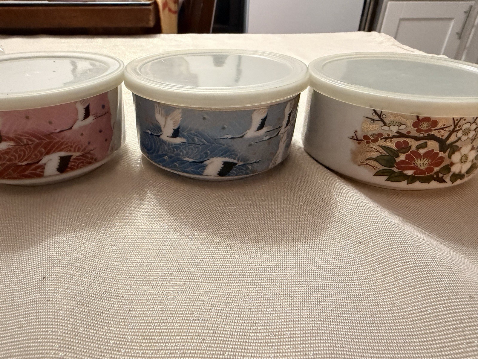 Vintage Porcelain Storage Bowls With Lids Crane & Floral Design Set of 3