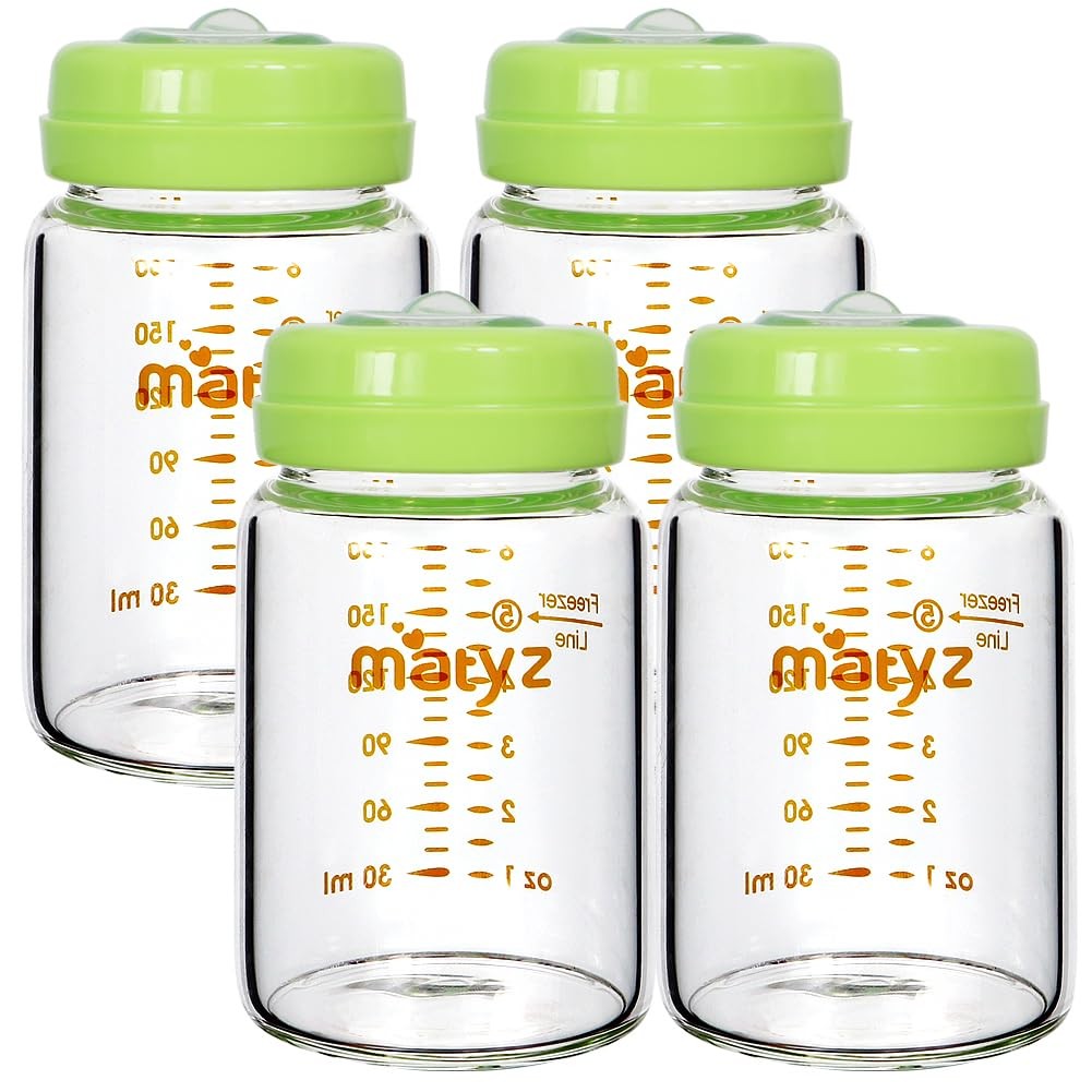 Glass Breastmilk Storage Bottles, 4-Pack (Green, 6oz Each), Wide Mouth Food-G…