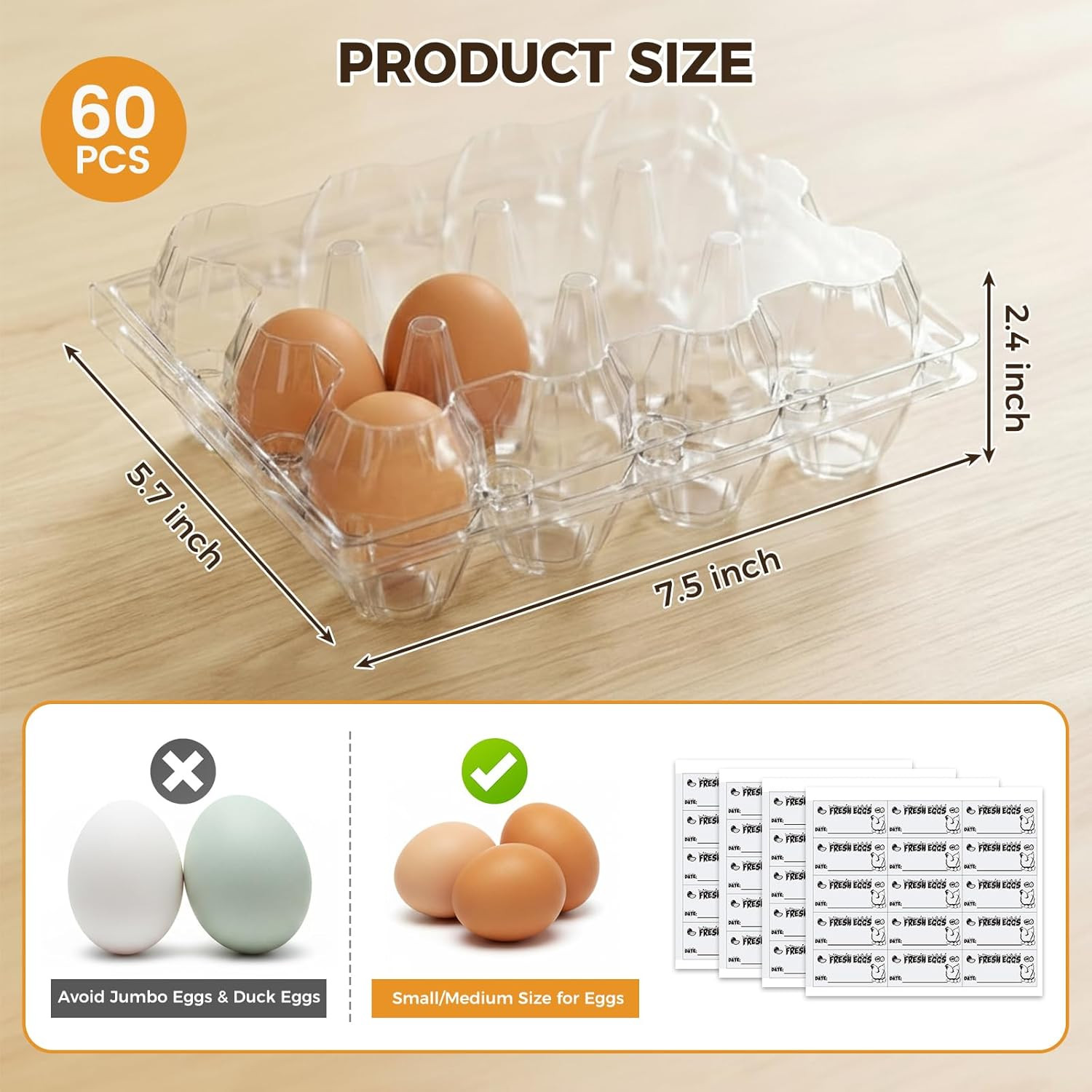 60 PCS 12 Count Plastic Egg Cartons, with 60PCS Date Labels, Bulk Clear Reusable