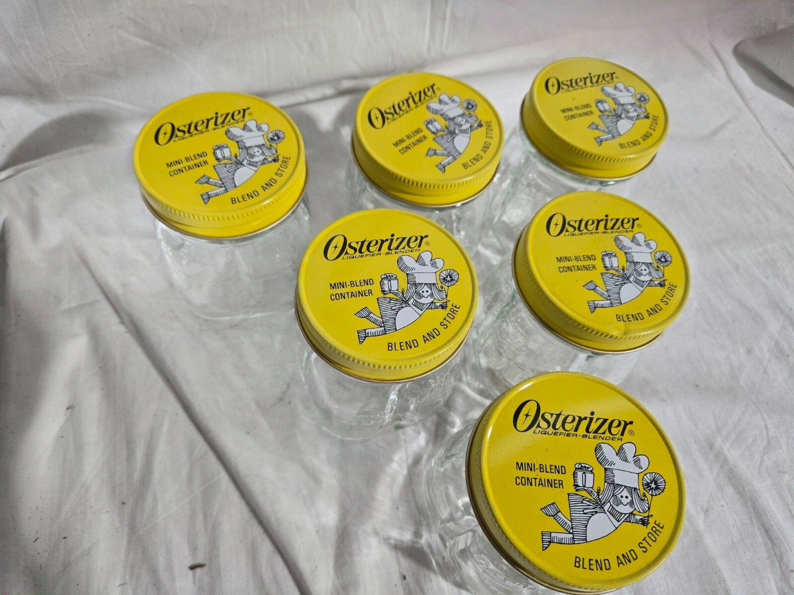6 Vintage Osterizer Blend & Store Glass Jars w/ Metal Lids In Original Box New