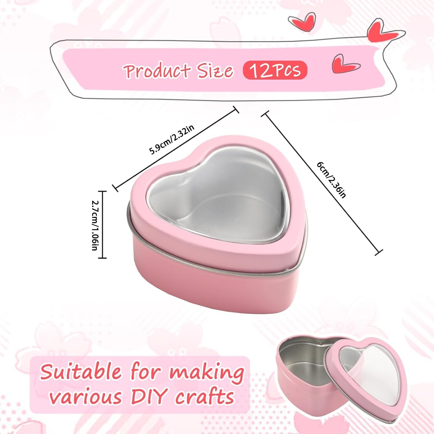 12 Pack 2 Ounce Metal Tins Can Heart Shaped Empty Containers Clear lid Valentine