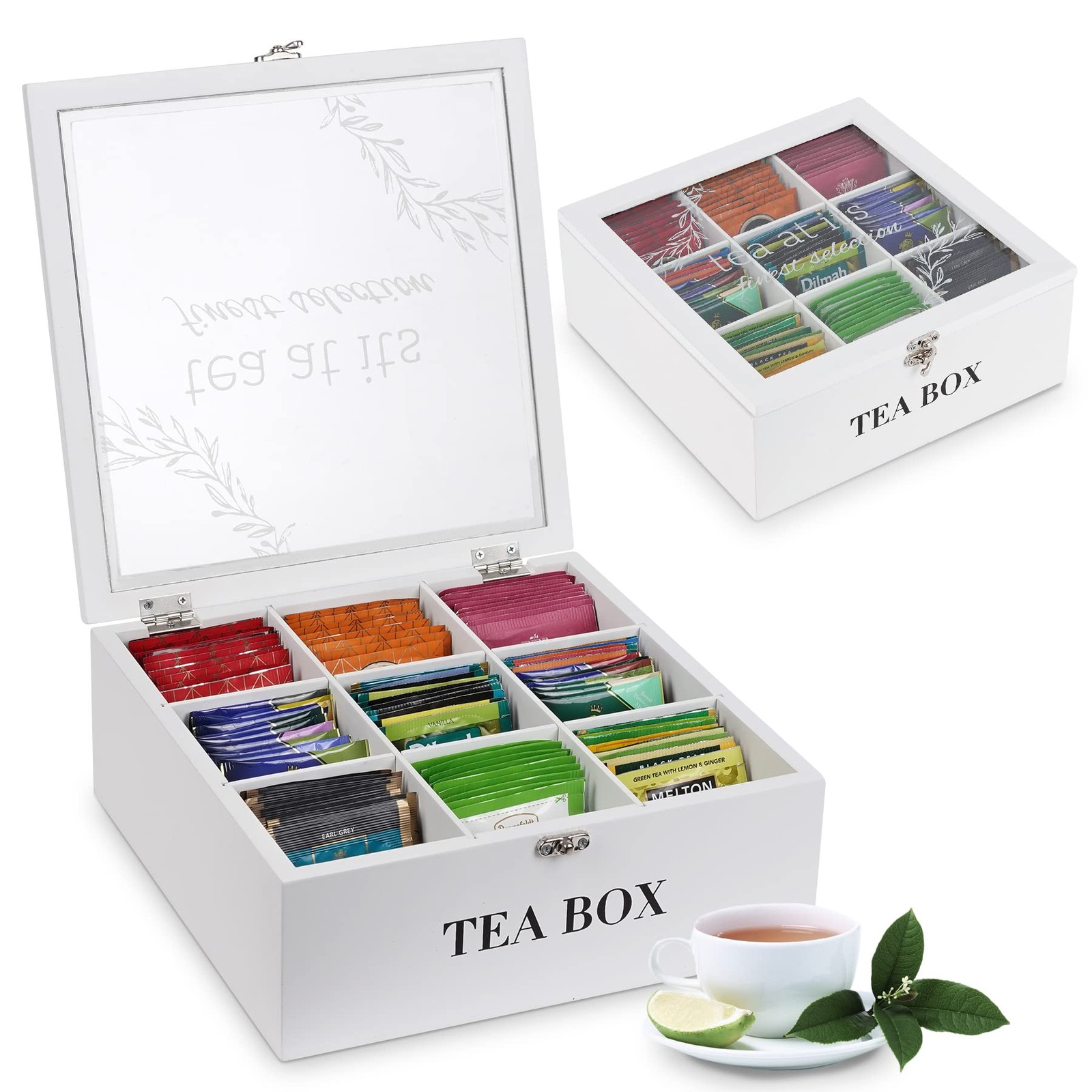 handrong Tea Box Organizer,Wood Bag Holder 24*24*9.5cm, White