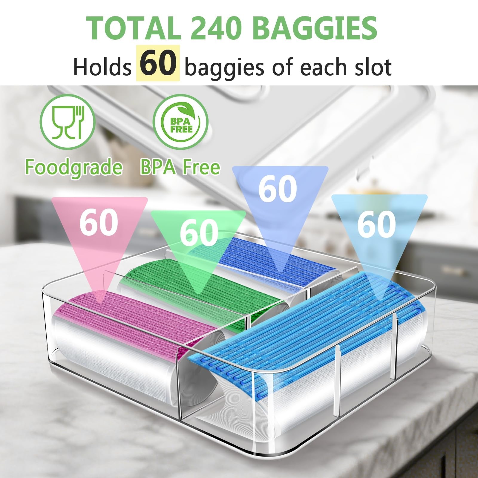 Food Storage Bag Organizer – Expandable Sandwich Bag Dispenser with 4 Compart…