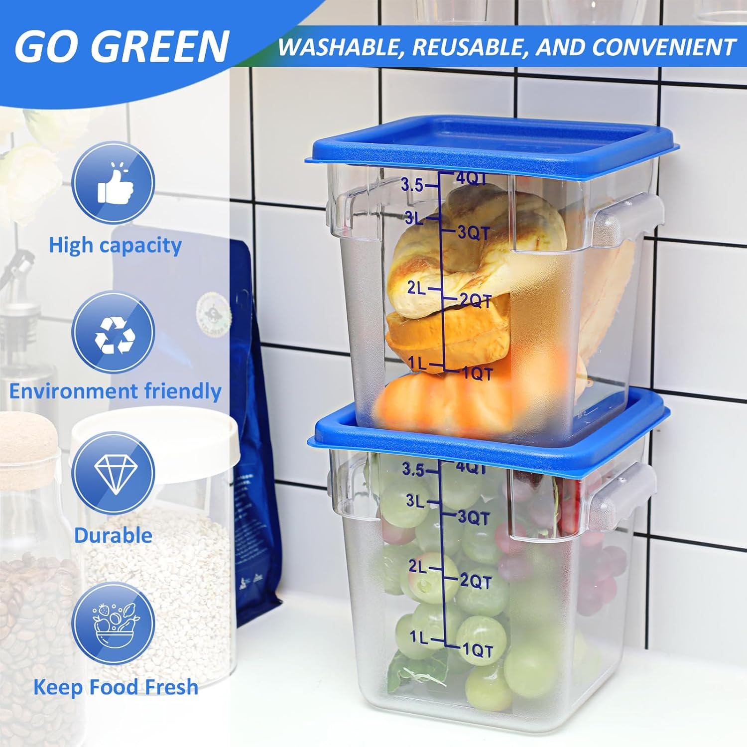 12 Pcs 4 Qt Commercial Food Storage Containers with Lids Restaurant Square Airti
