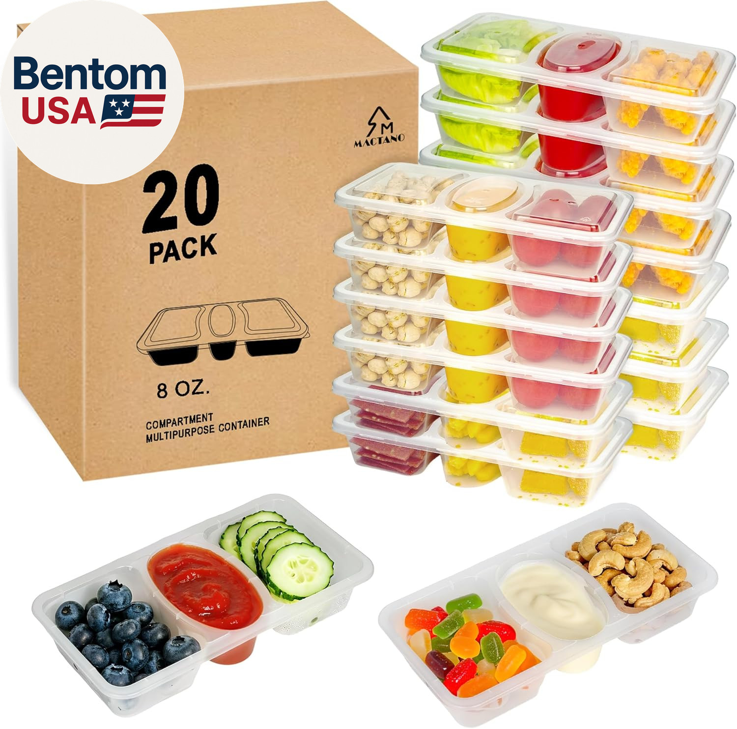 8 OZ Reusable Snack Containers with Lids, New 3 Compartment Condiment Snack Pack