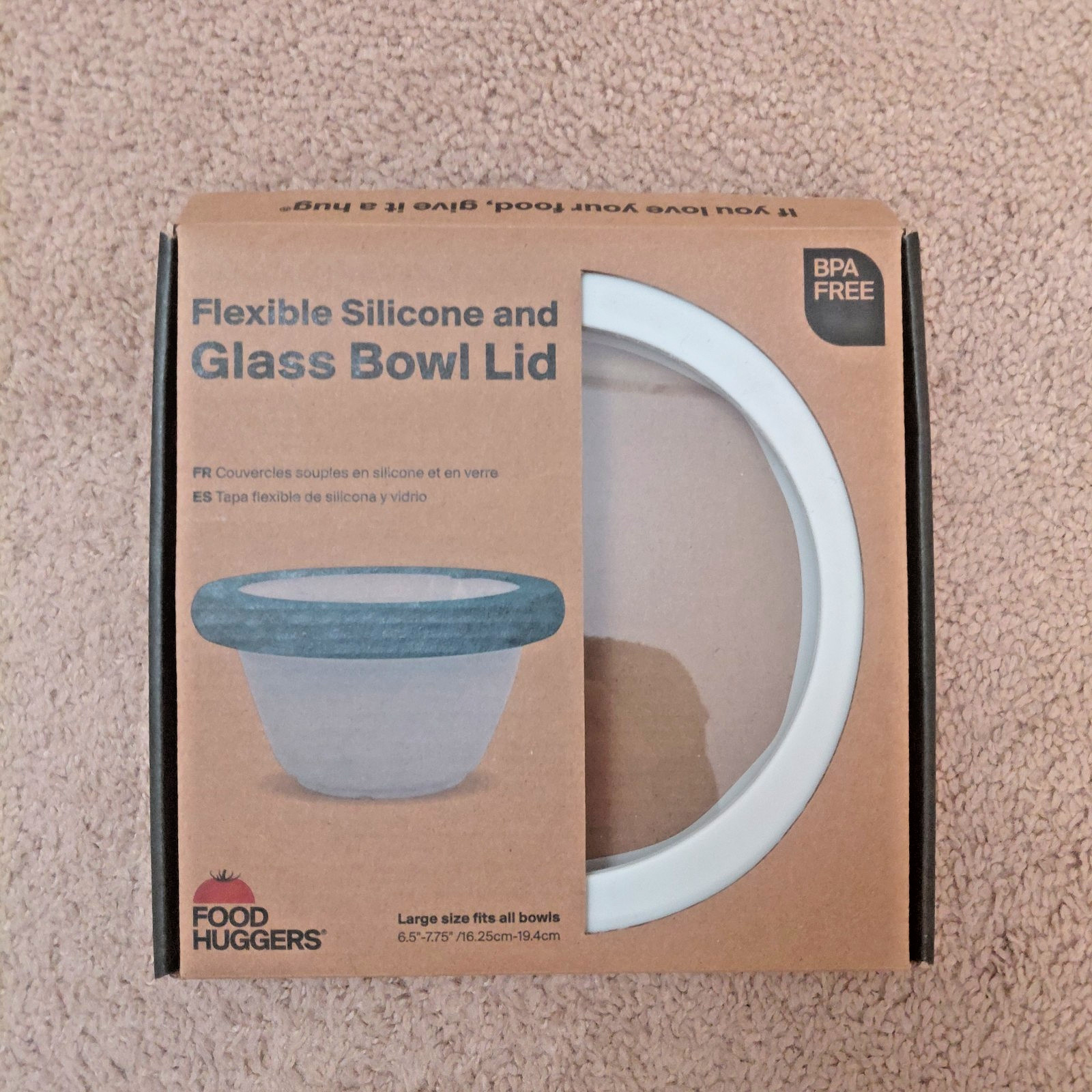 Food Huggers Glass Lid w Silicon Seal, Large, Fits 6-1/2″ to 7-3/4″ Dia Bowls