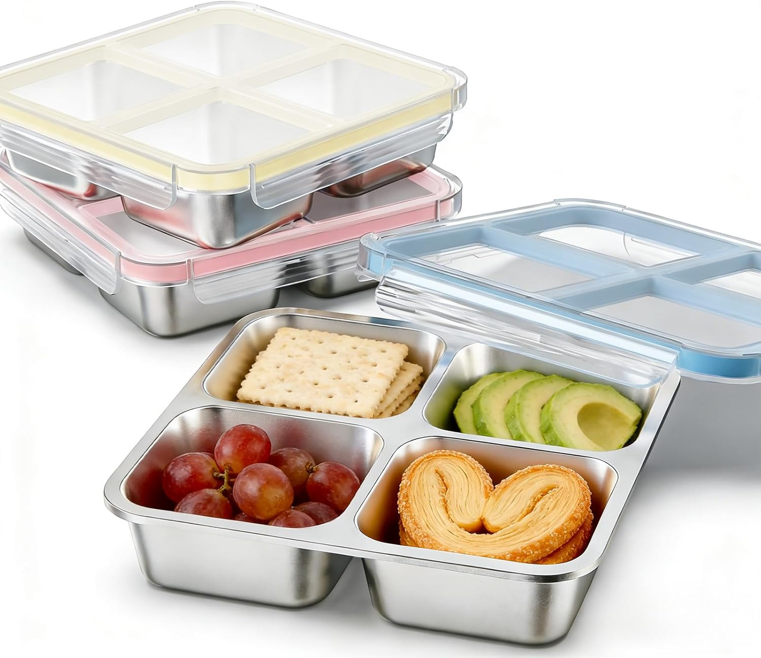 3 Pack Stainless Steel 4 Compartment Snack Containers with Lids, Reusable Divide