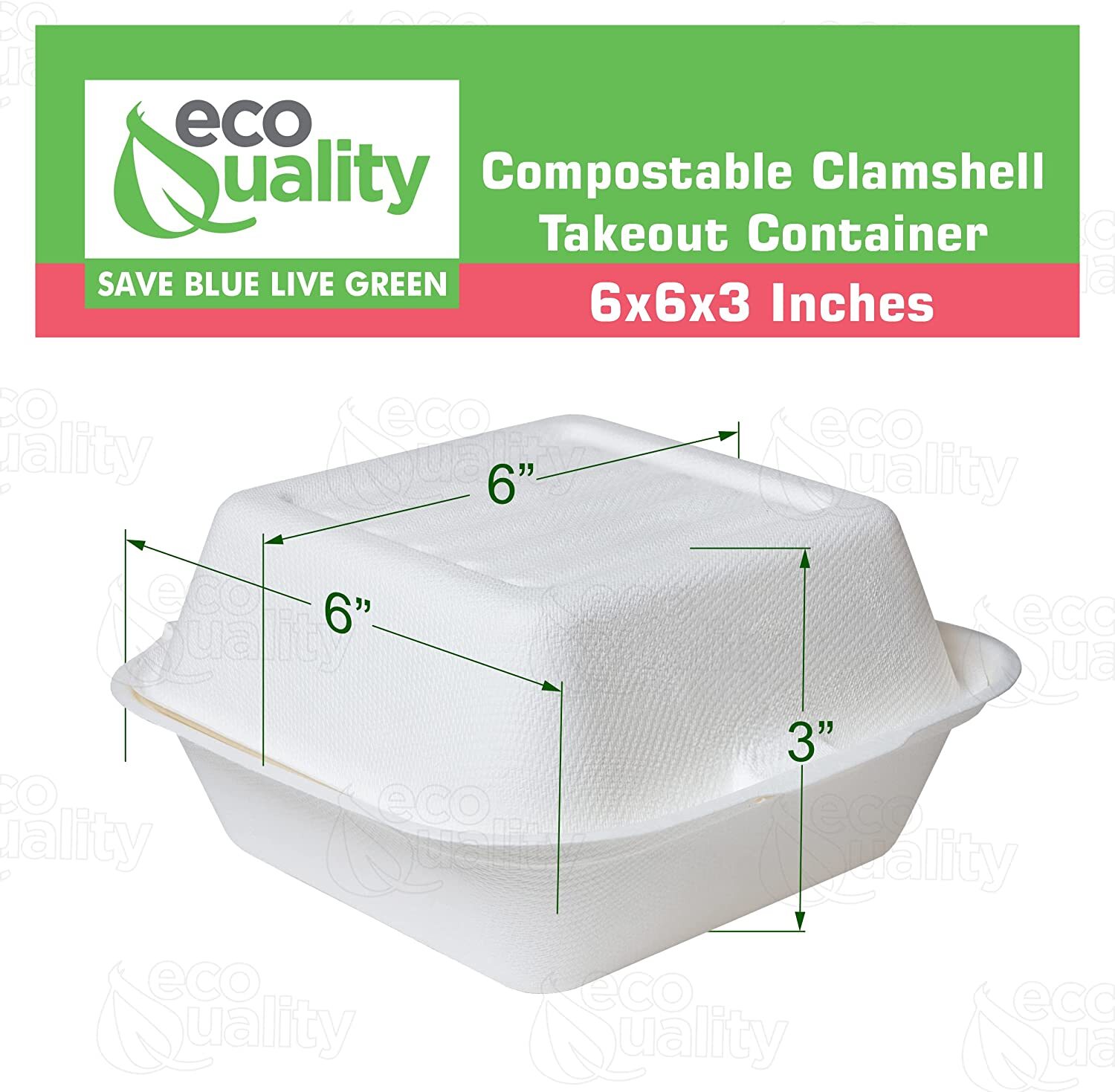 Compostable Square Hinged Clamshell 6×6 Food Take Out Box Disposable ToGo 500pcs