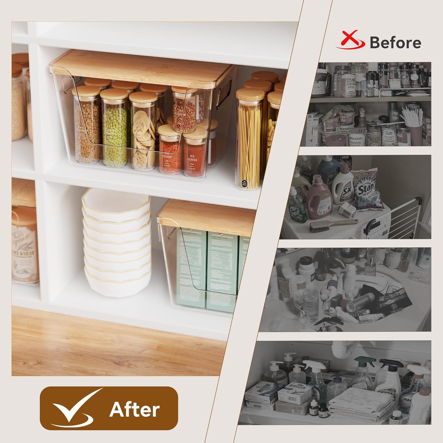 2 Set Pantry Organizers and Storage with Bamboo Lids, Stackable Clear Bins for O