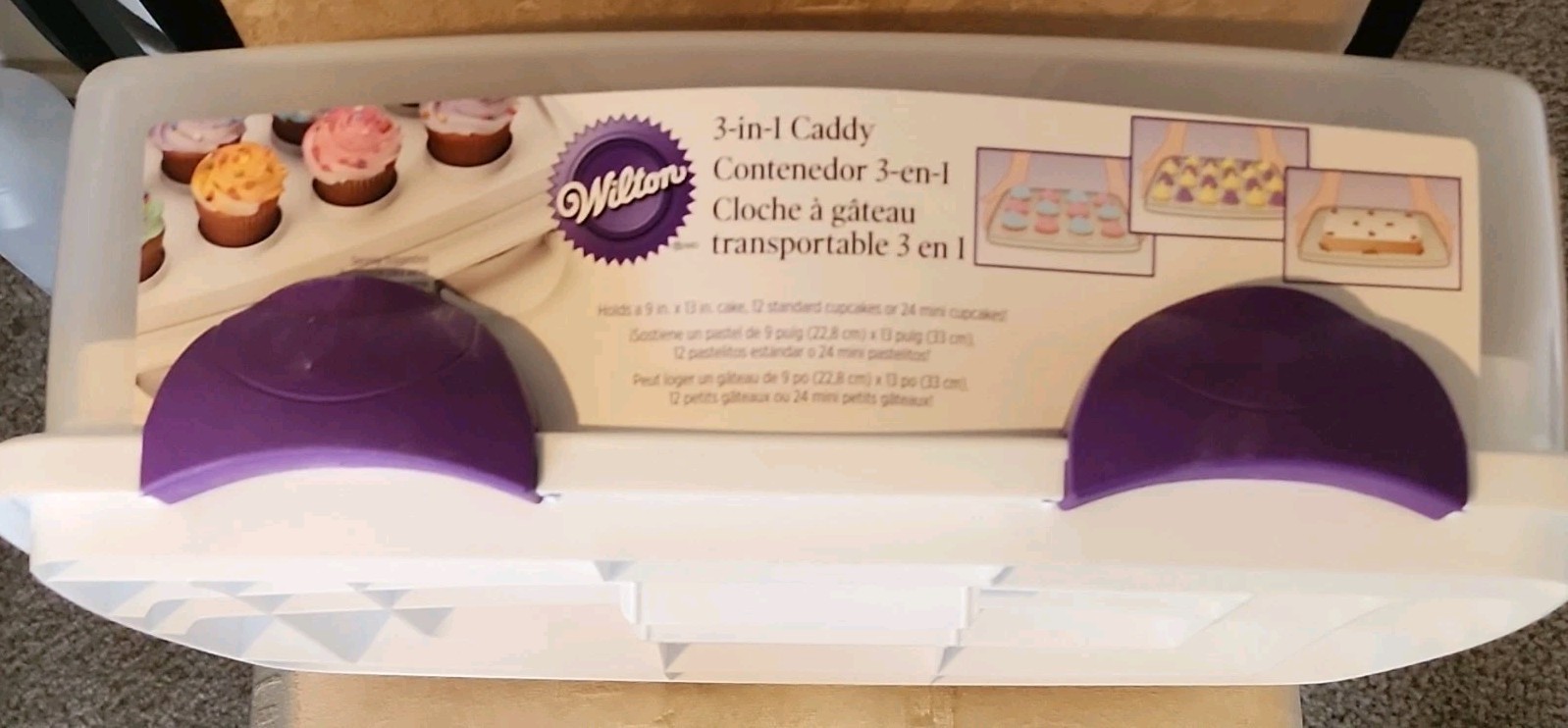 Wilton 3-in-1 Caddy Cake & Cupcake Container Snap Lid White Purple Tray