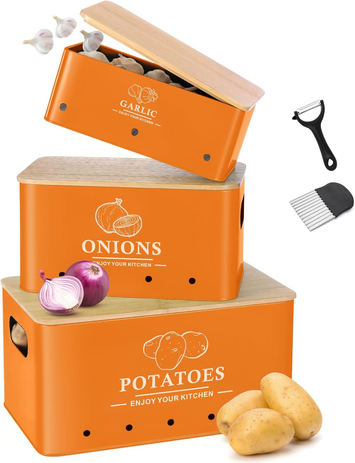 Kitchen Vegetable Storage Set of 3, Metal Onion Garlic Potato Storage Set, Kitch