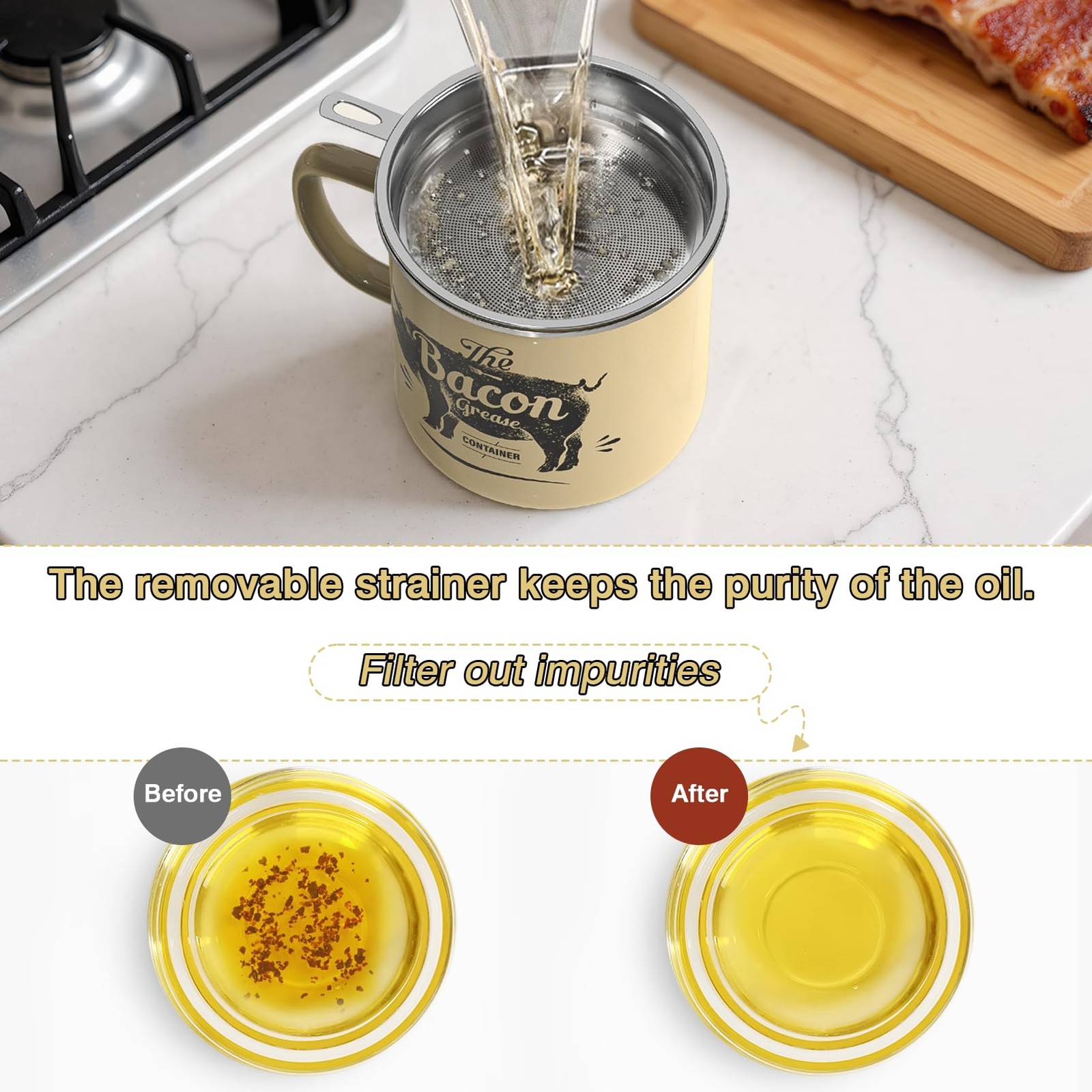 Bacon Grease Container With Strainer, 46OZ Large Enamel Grease Container, Wit…