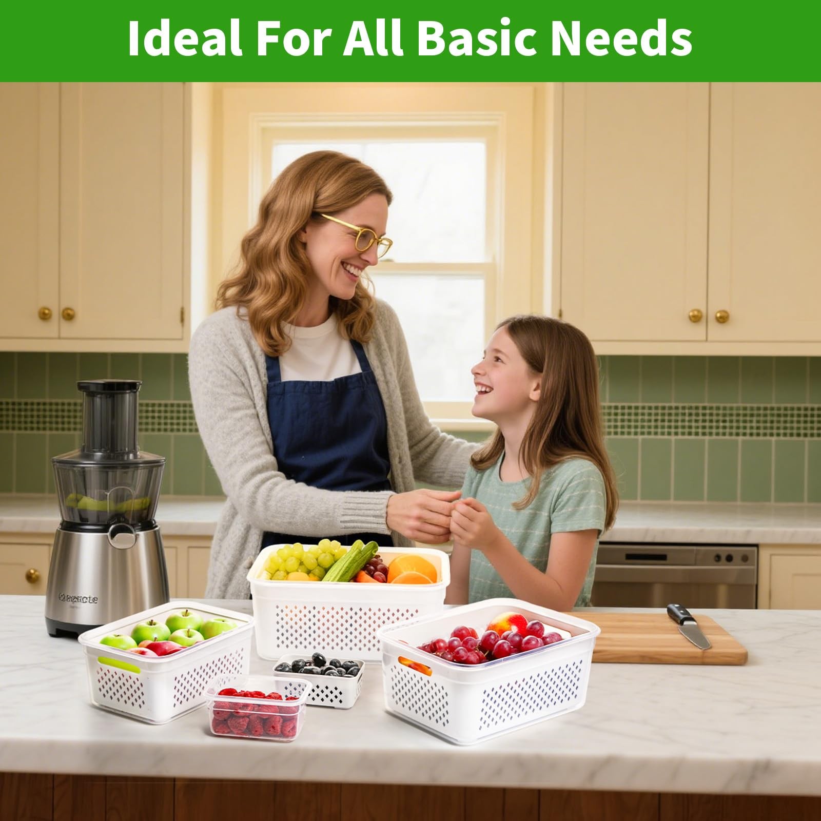 Large Fruit Containers set 5-Pack Fridge Storage with Colander Clear