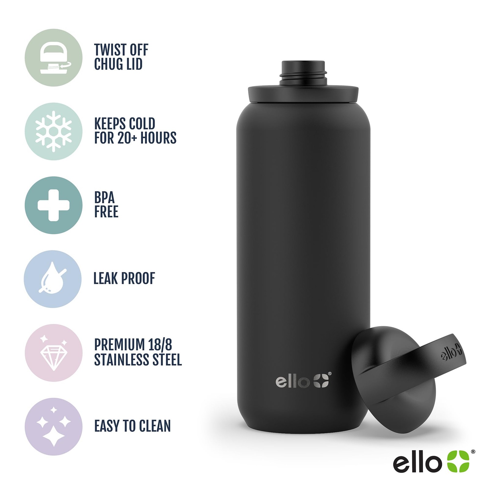 Ello Cooper Twist 32Oz Stainless Steel Water Bottle Chug Lid Leak Proof Double