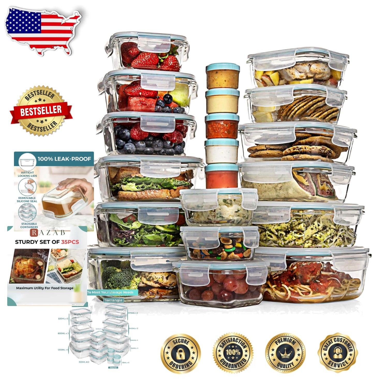 35 Pc Glass Meal Prep Containers – Leakproof, Microwave/Oven Safe, Stackable