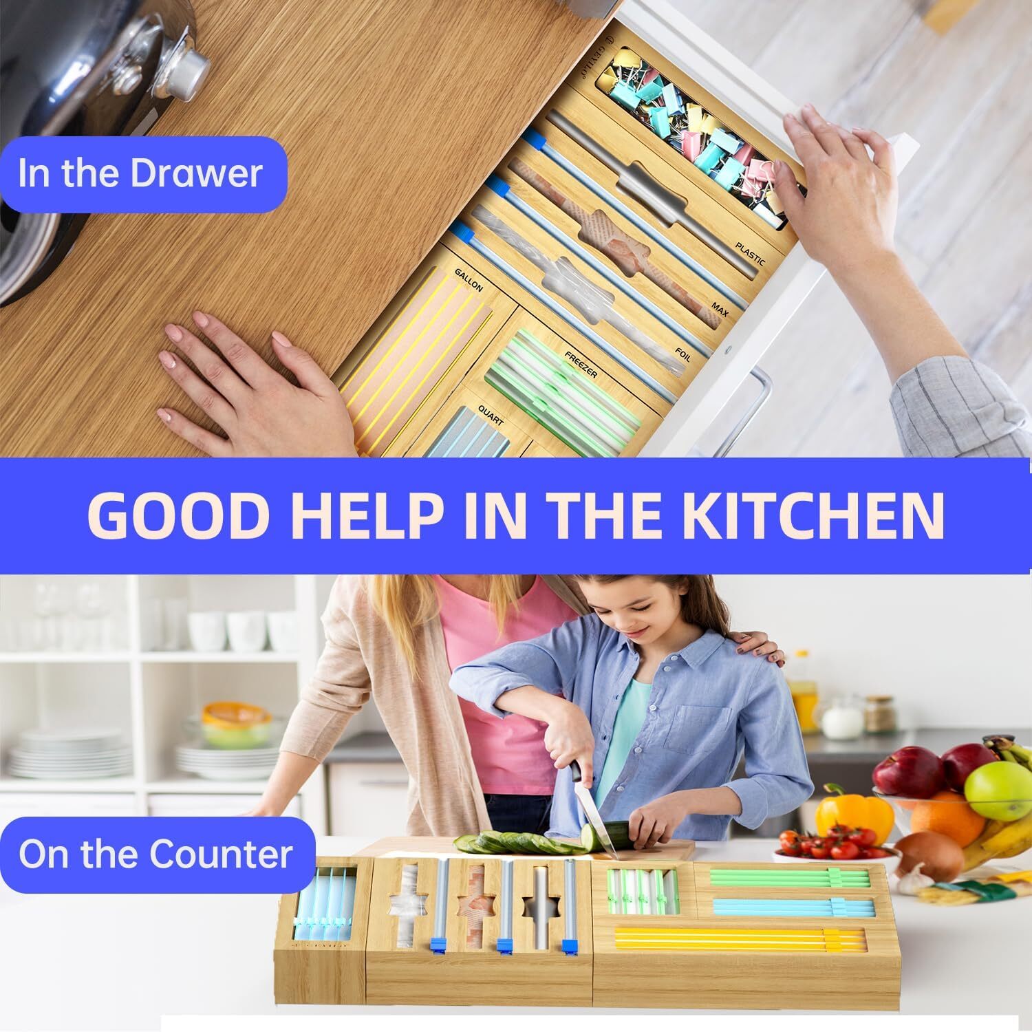 8PCS Bamboo Storage Bag Organizer for Kitchen Drawer With Cutters and Labels