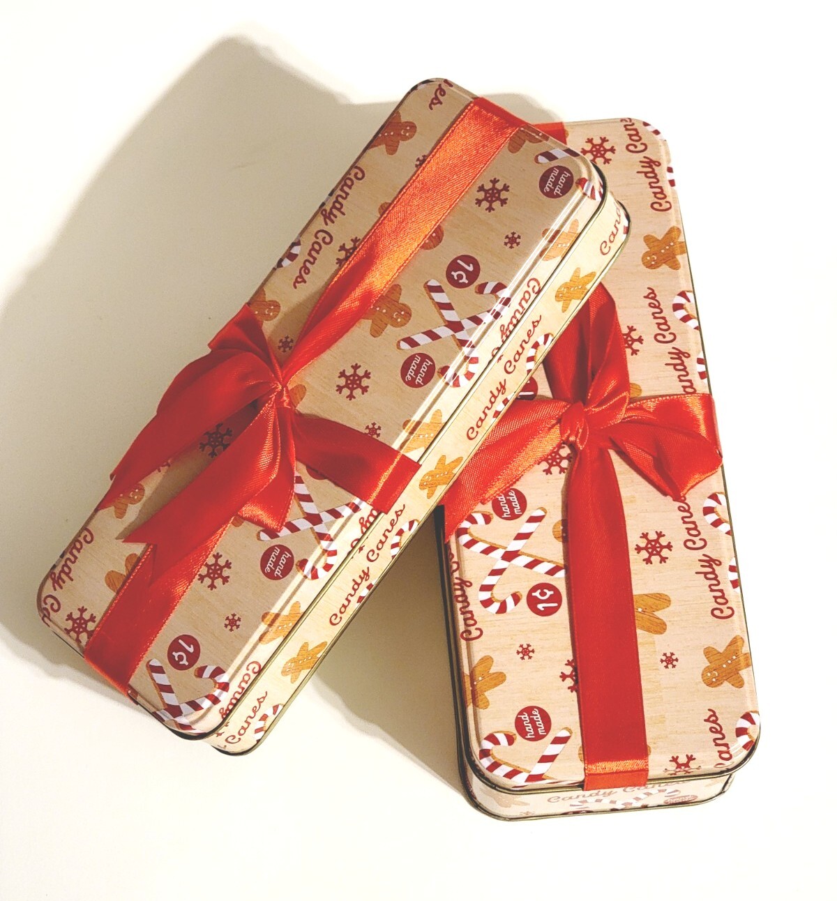Set 2 Christmas Cookie Candy Tin Gift Box Rectangular Biege Tin W/ Red Candy