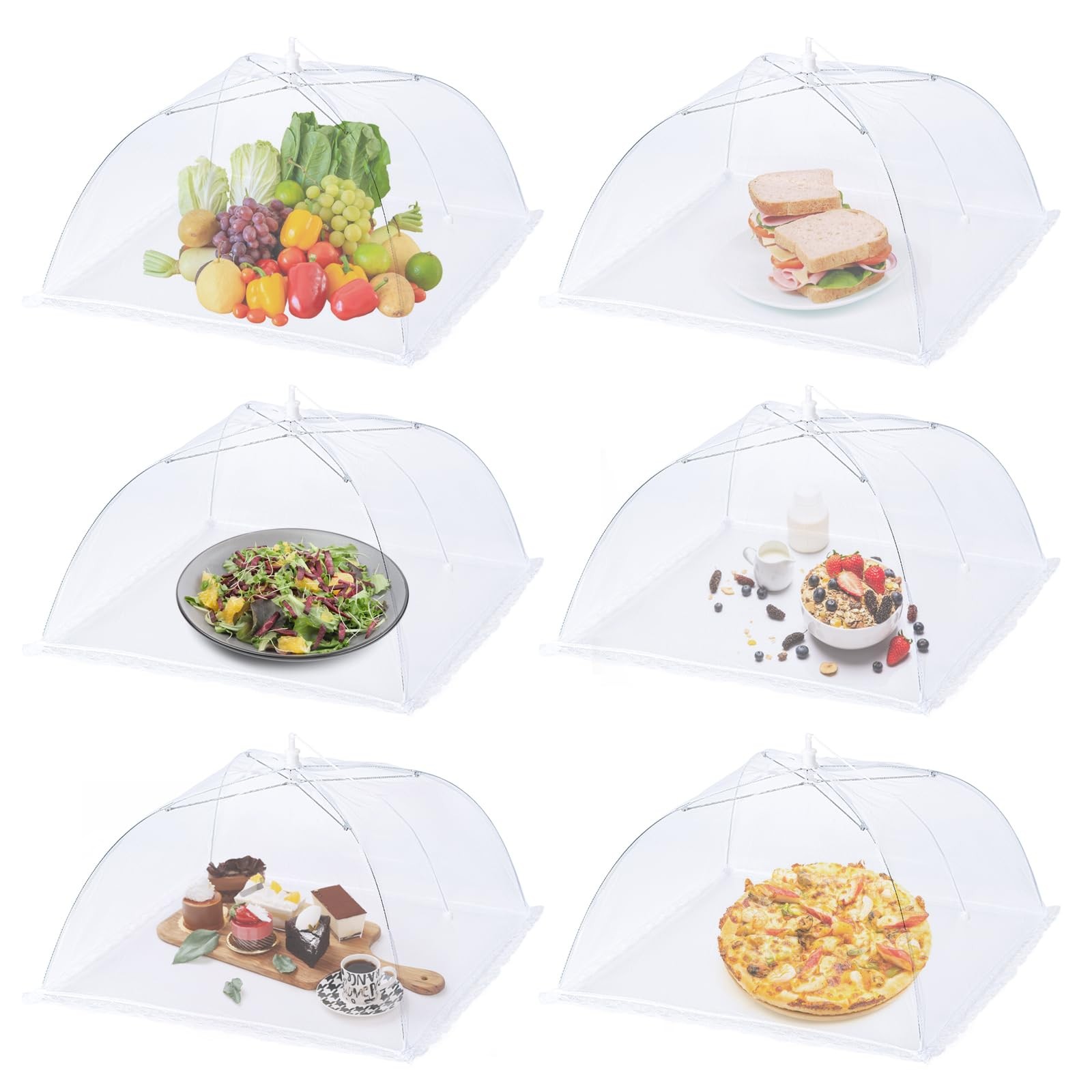6 Pack White Collapsible Mesh Food Covers 17 Inch Square, Dish Umbrellas for BBQ