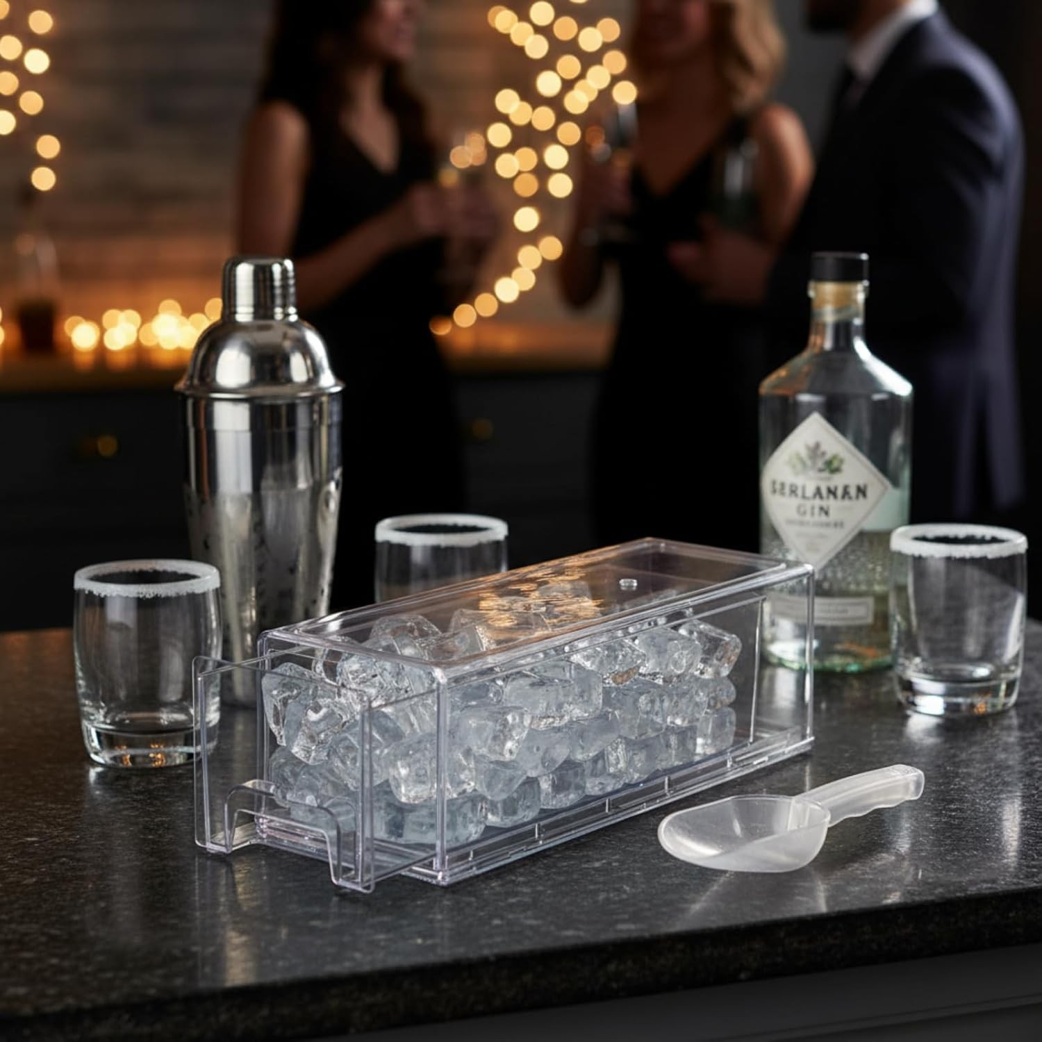 Stackable Ice Storage Bin Freezer W/ Scoop Clear Pull-Out Ice Bucket Plastic