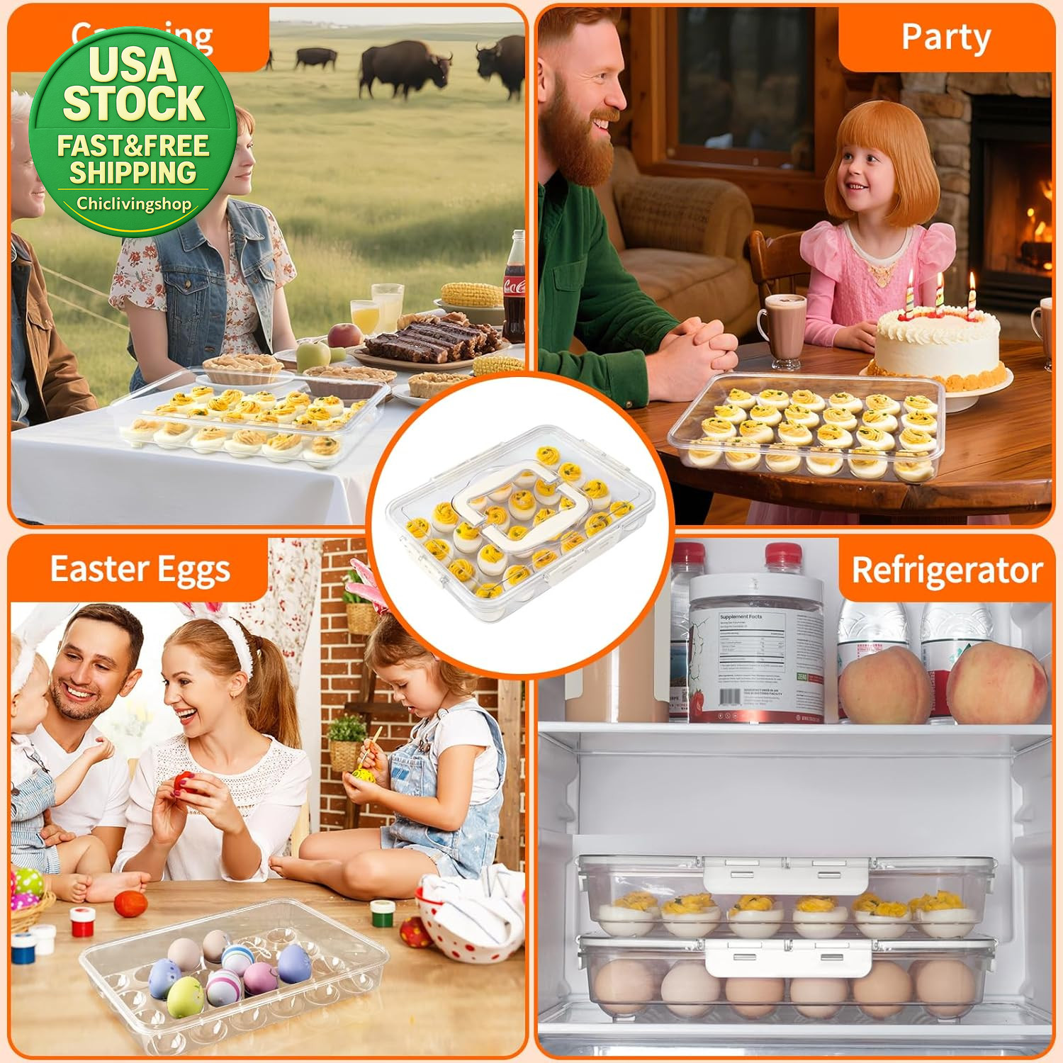 2 Pack Deviled Egg Carrier Tray with Lid Handle Clear Storage Holds 48 Eggs