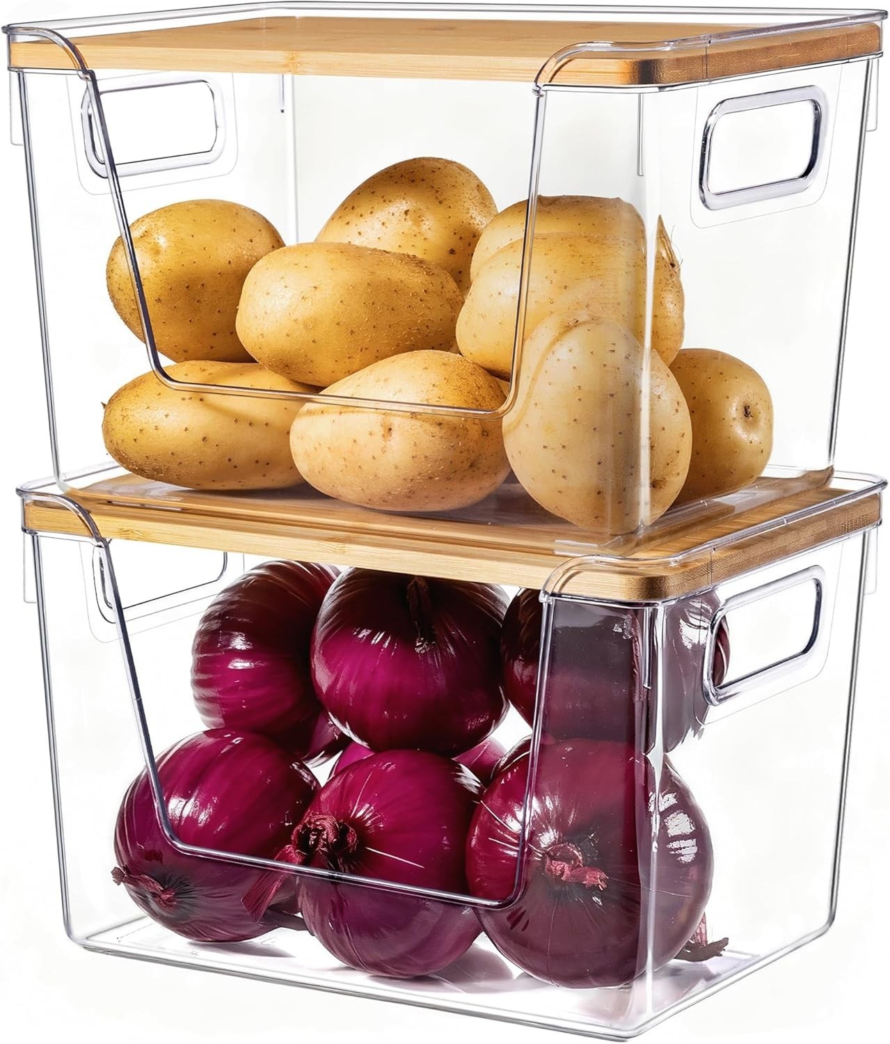2 Set Pantry Organizers & Storage W/ Bamboo Lids Stackable Clear Bins Onion