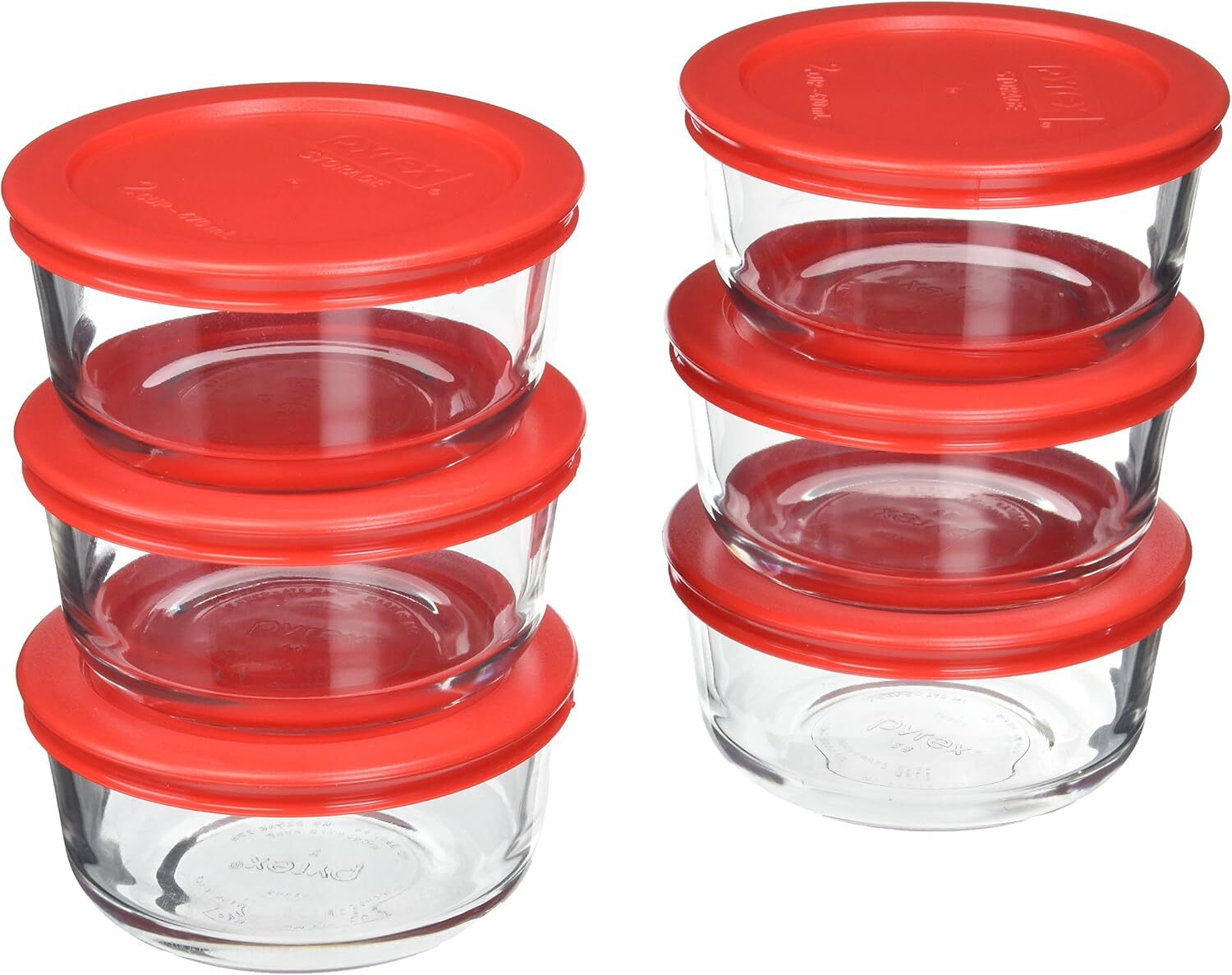(6) 7200 2 Cup Glass Bowls & (6) 7200-PC Red Food Storage Replacement Lids