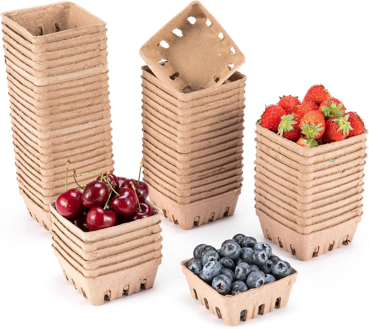 60 Pack Pulp Fiber Berry Basket, 1/2 Pint Vented Containers for Strawberry Blueb