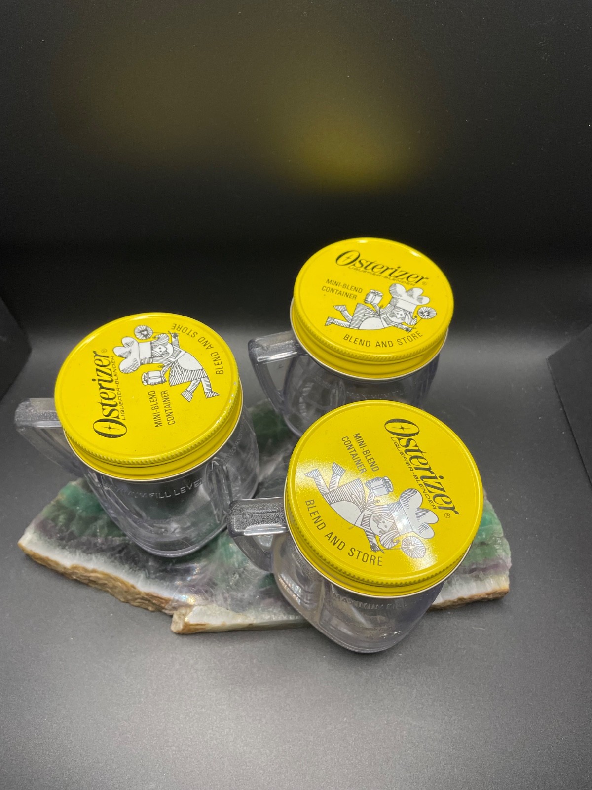 3 Vtg Osterizer Mini Blend Containers Jars 8oz. Blend & Store Plastic Metal Lid