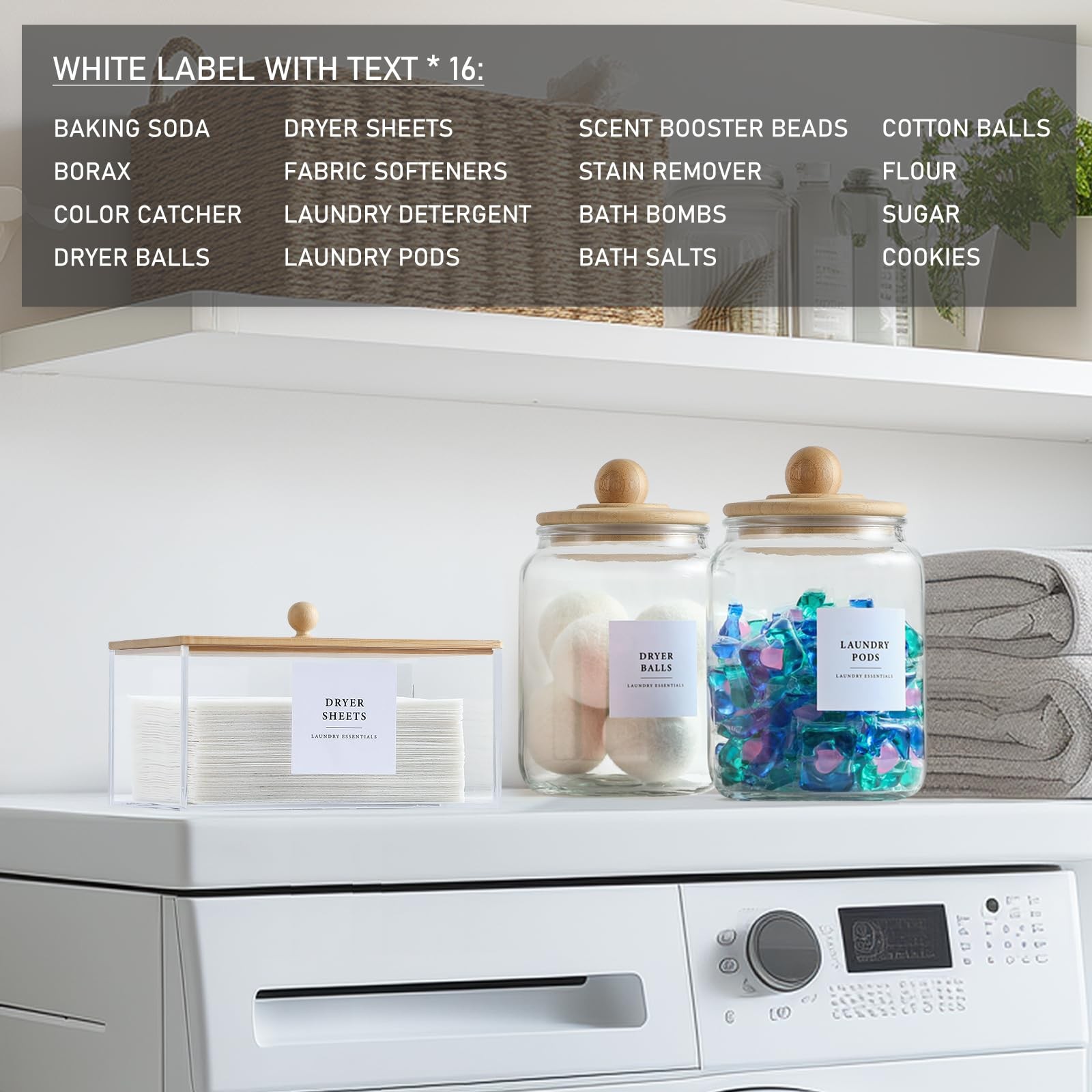 Glass Jars and Dryer Sheet Holder with Bamboo Lids, Dispenser Set and Labels,…