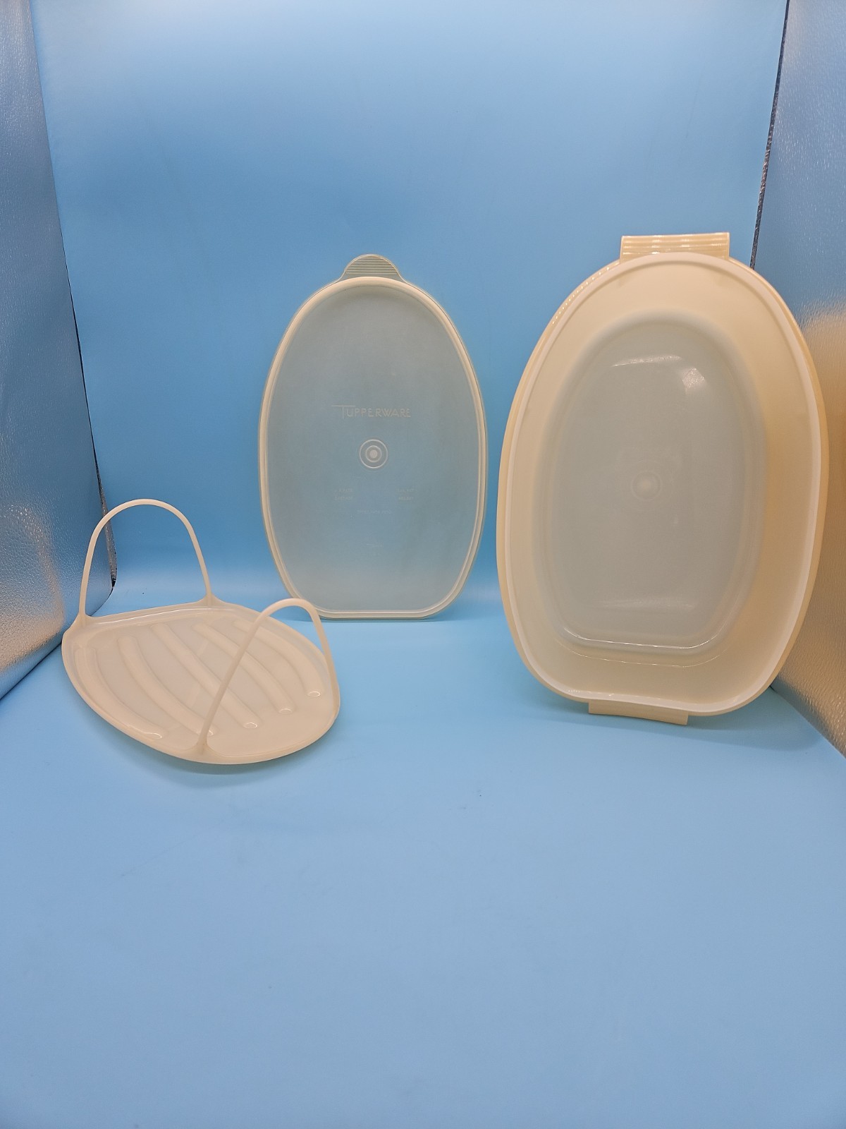 VTG 488 Tupperware Roast Flavor Saver Container Sheer White Oval with Lid & Rack