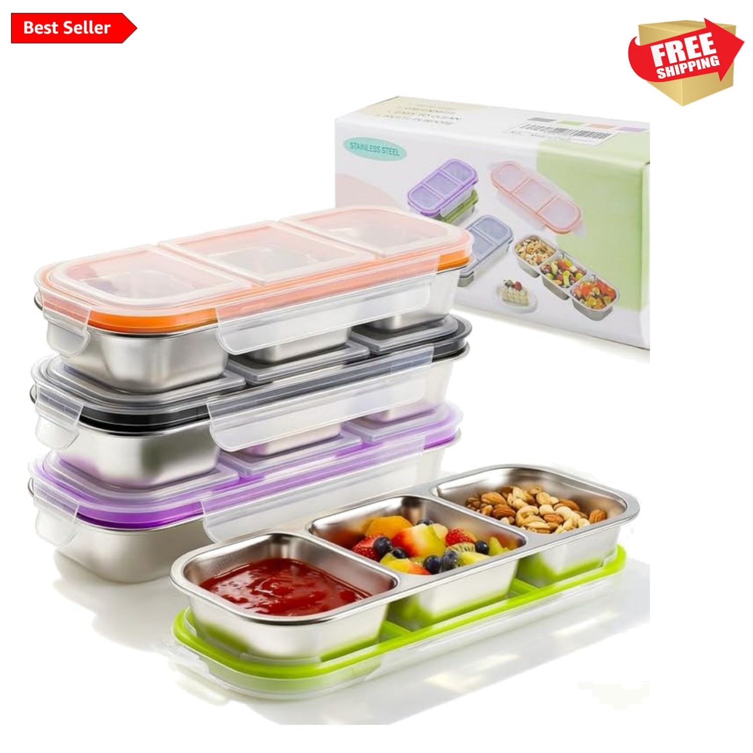 4 Pack Stainless Steel Snack Containers with Lids, 3-Compartments Reusable Lu…