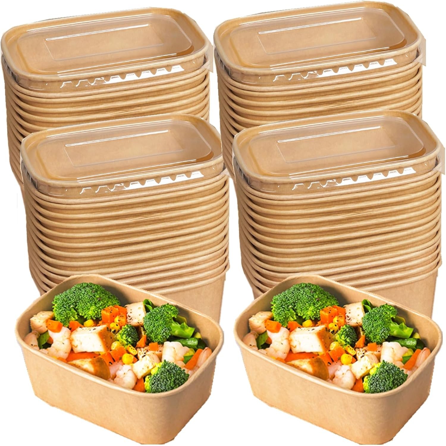 50 Pack 25oz Paper Meal Prep Containers W/ Lids Disposable Kraft Food Containers