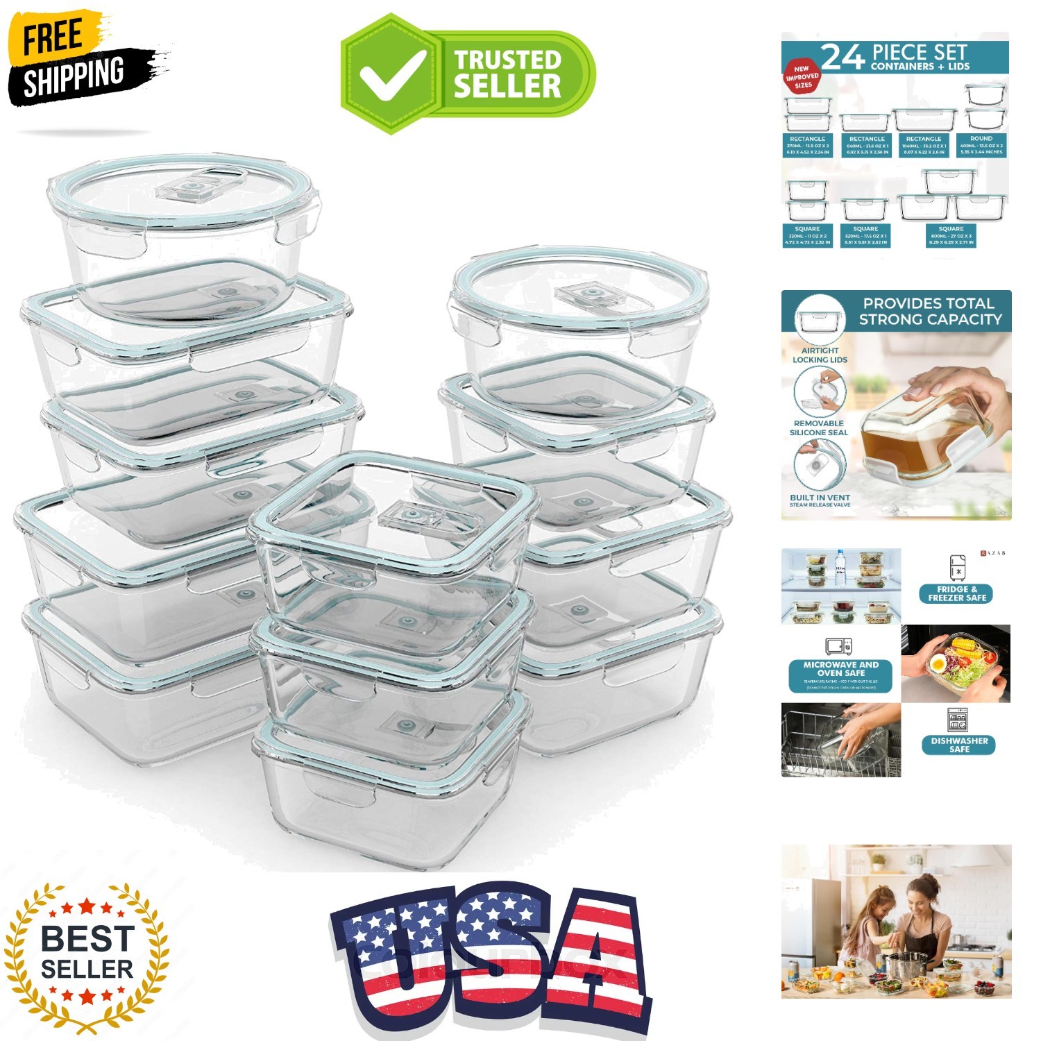 24 Pc Airtight Glass Food Storage Containers – Glass Meal Prep Containers – F…