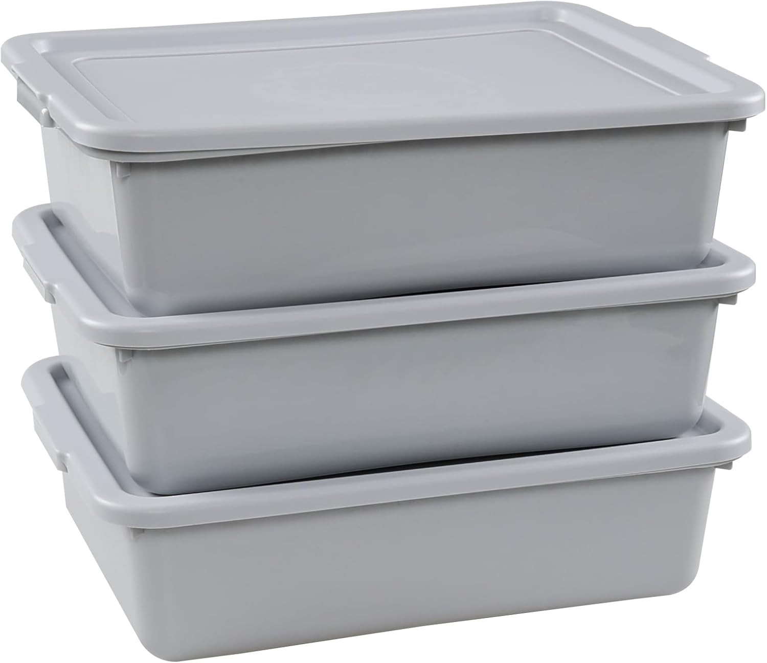3-Pack 13 L Commercial Bus Tub Box, Plastic Restaurant Bus Tubs with Lids, Grey