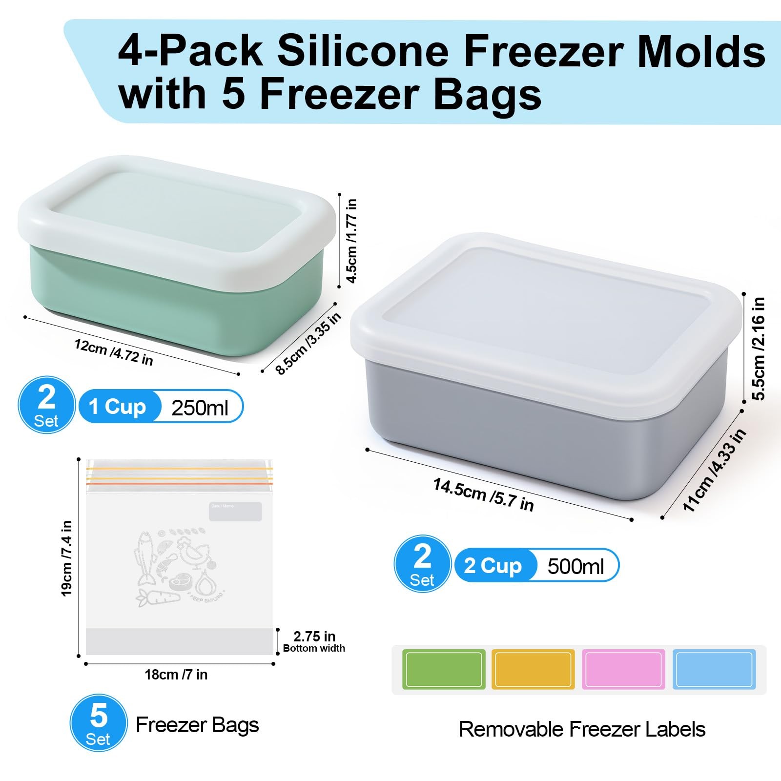 Silicone Freezer Trays with Lid, 1-Cup & 2-Cup Portion Control Soup Container…