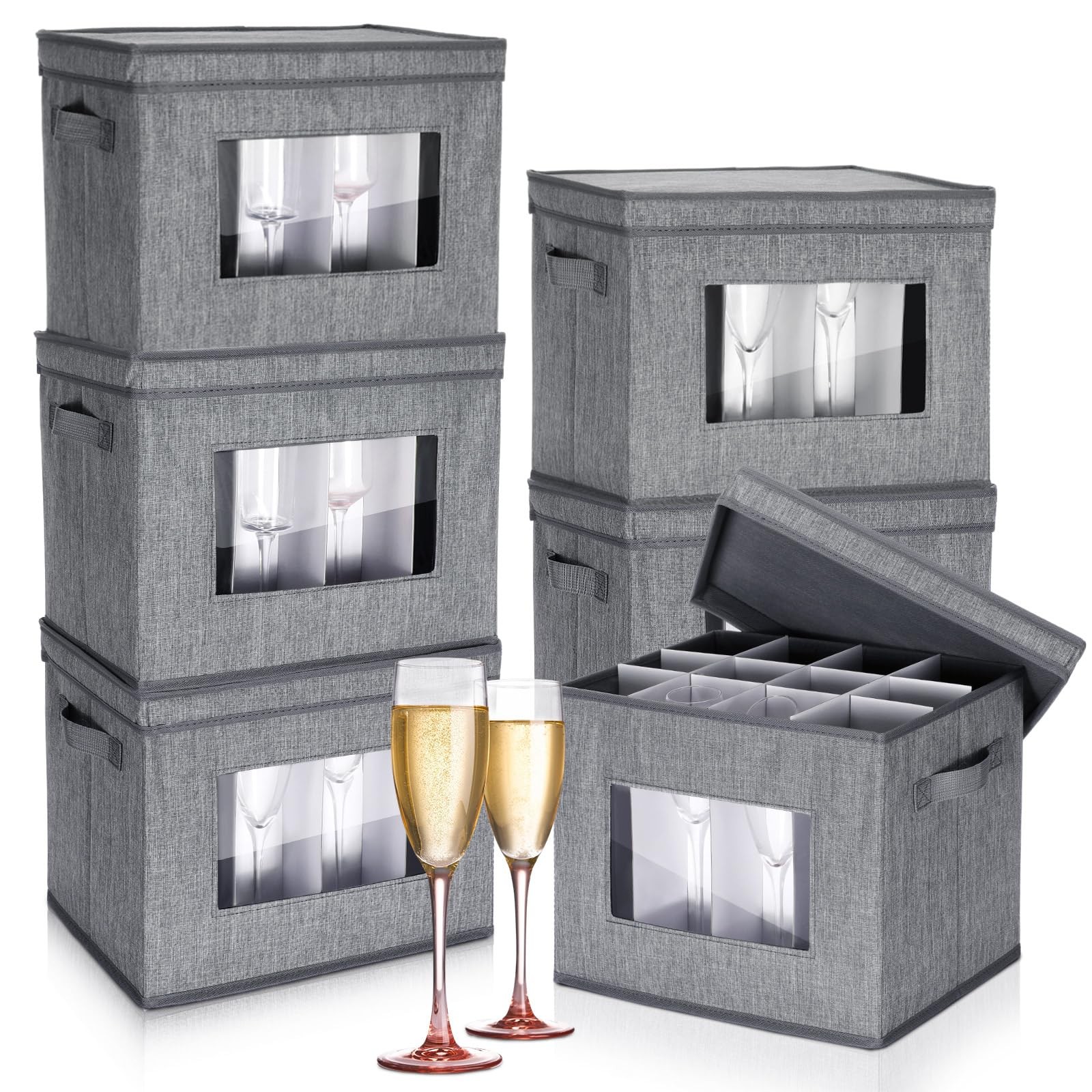 Uiifan 6 Pack Stemware Storage Box Set with Dividers, 12 Compartments Wine Glass