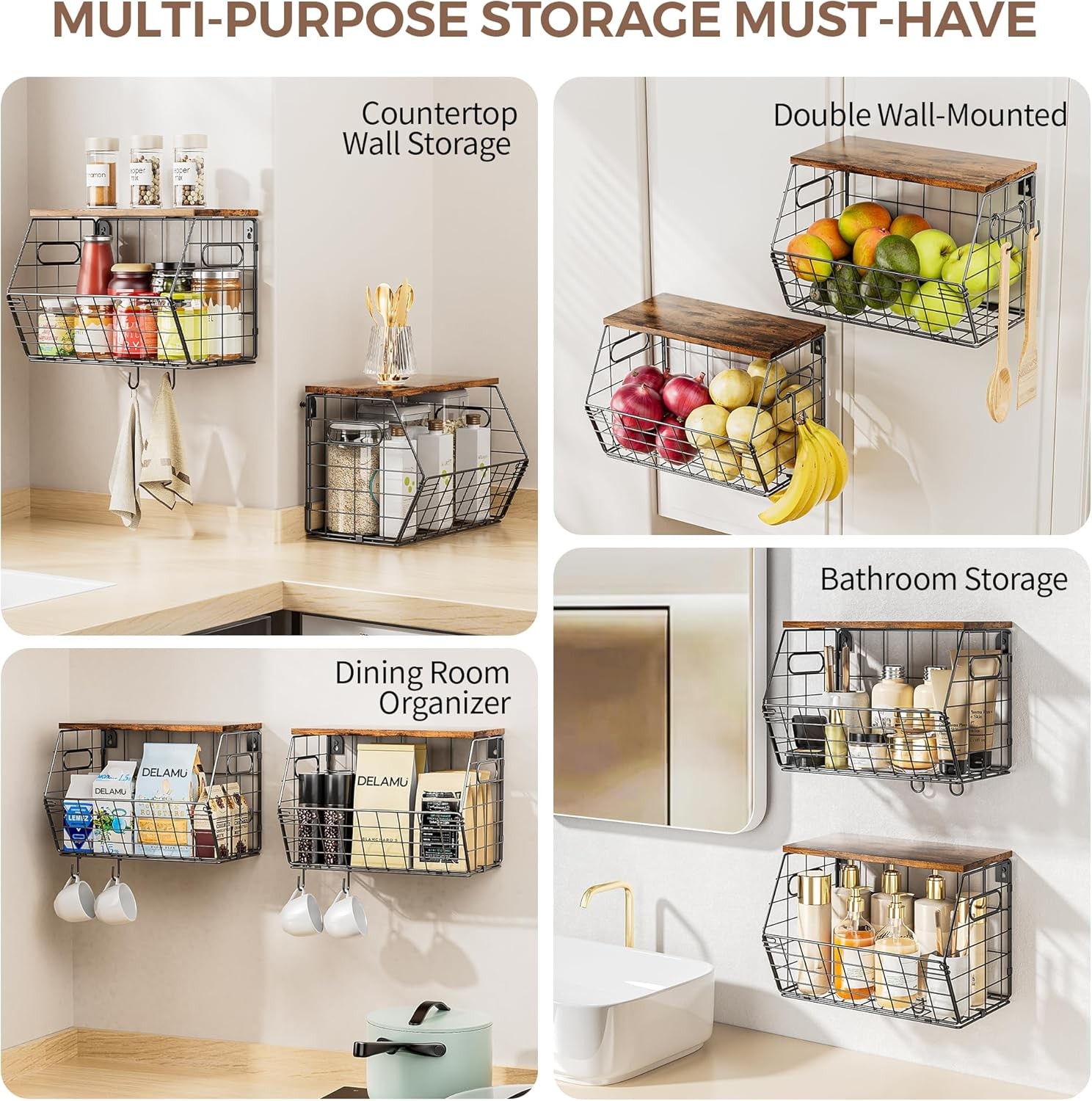 Stackable Metal Fruit Basket with Wooden Lid – Wall and Countertop Organizer