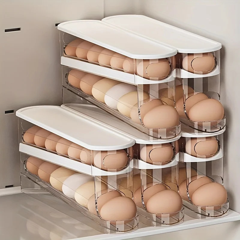 Double Layer Automatic Rolling Egg Storage Container 12-14 Eggs Hinged Design PP