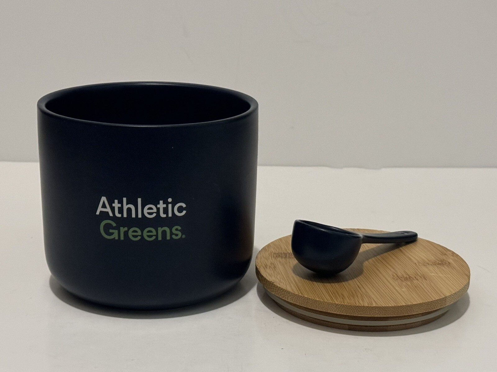Athletic Greens Ceramic AG1 Blue Storage Container Bin Bamboo Lid 5.25” + Spoon