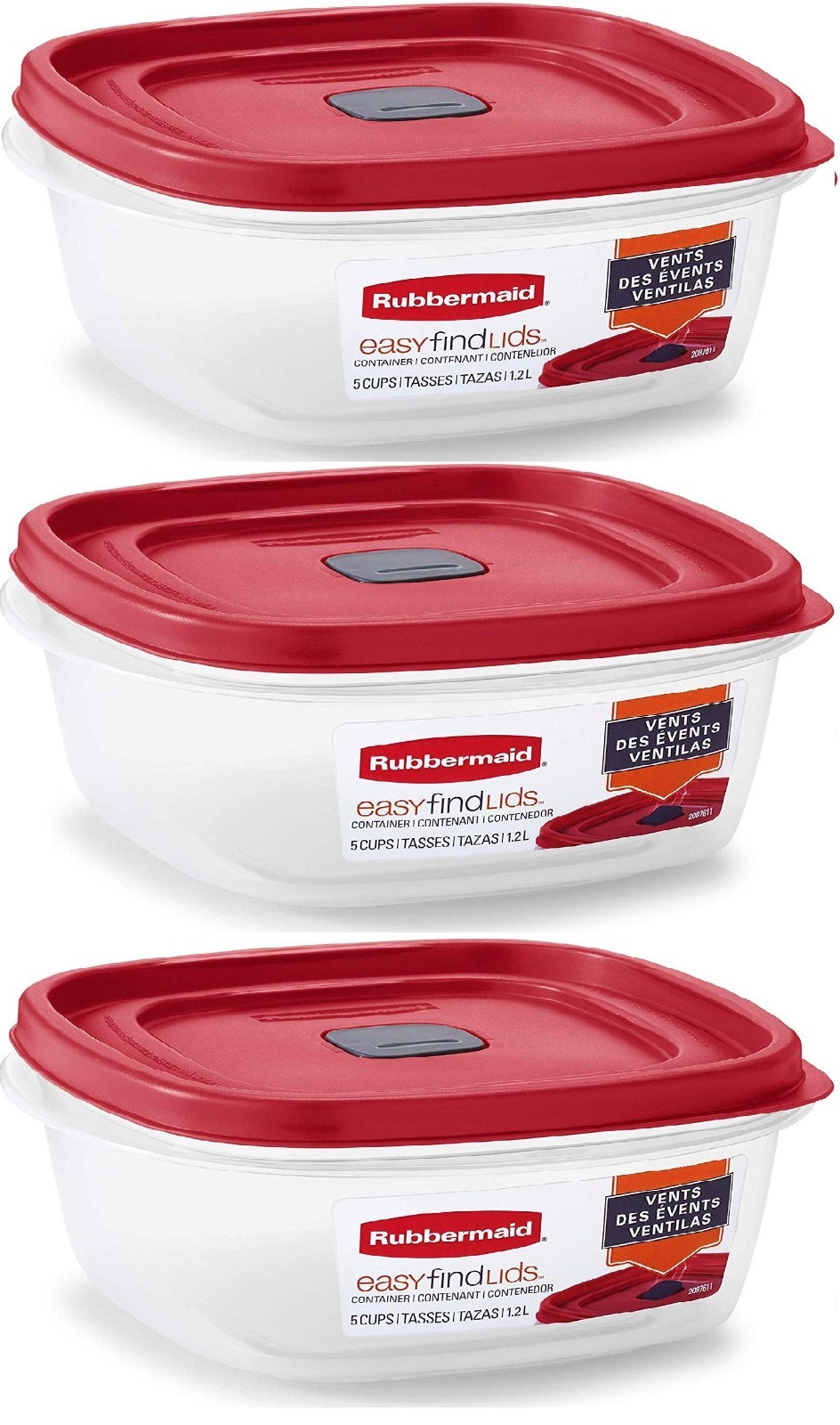Rubbermaid Red Food Storage Containers with Easy Find Lids 3 Pack 5 Cup BPA Free