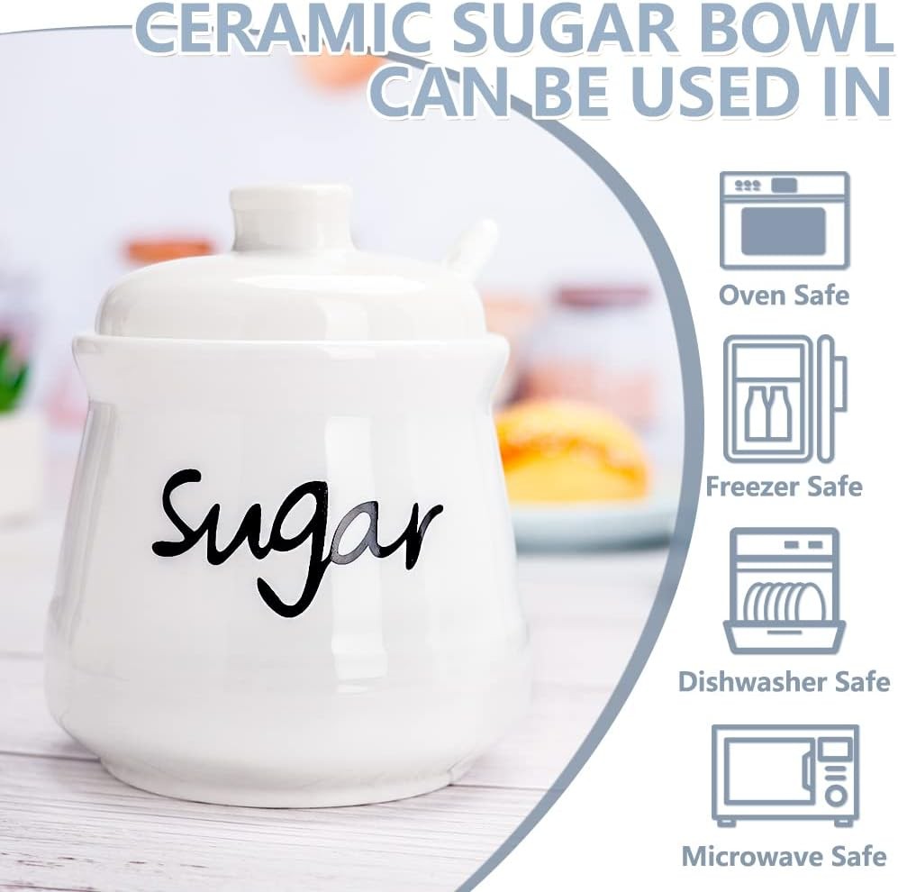 Ceramic Sugar Bowl with Lid and Spoon, 12 Ounces Porcelain 12ounce, White