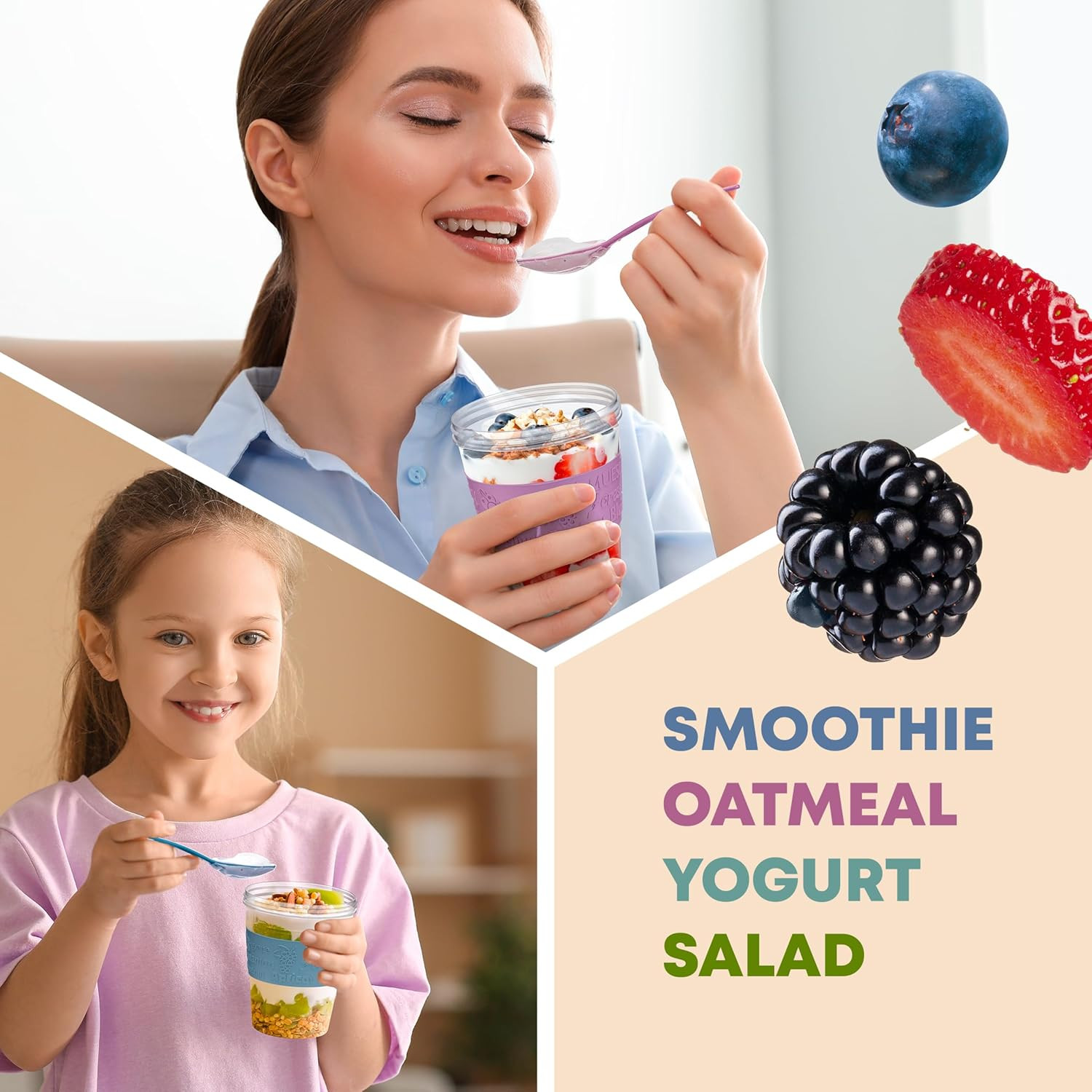 4 Pack – on the Go Yogurt Parfait Cups with Lids, Topping Compartment & Spoon, Y
