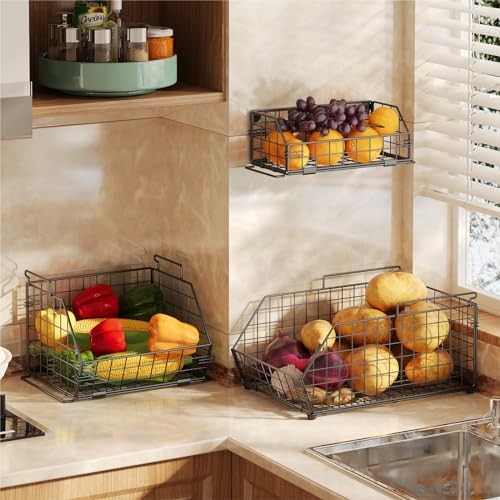 3-Tier Fruit Basket for Kitchen Counter, Stackable Wire Baskets Wall, Potato and