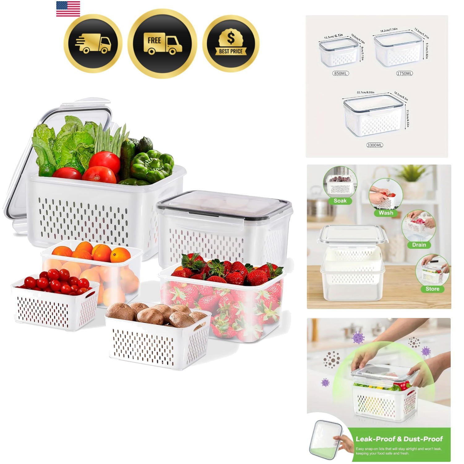 3pcs 4 in 1 Fruit Containers for Fridge with Removable Colanders and Lids, Ai…