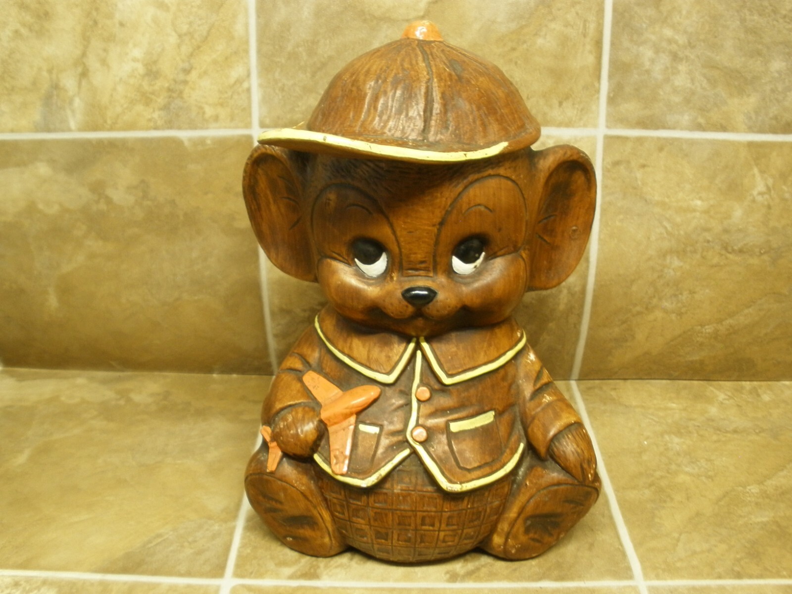 Vintage Cute Brown Mouse Cookie Jar – Treasure Craft – Orange Airplane